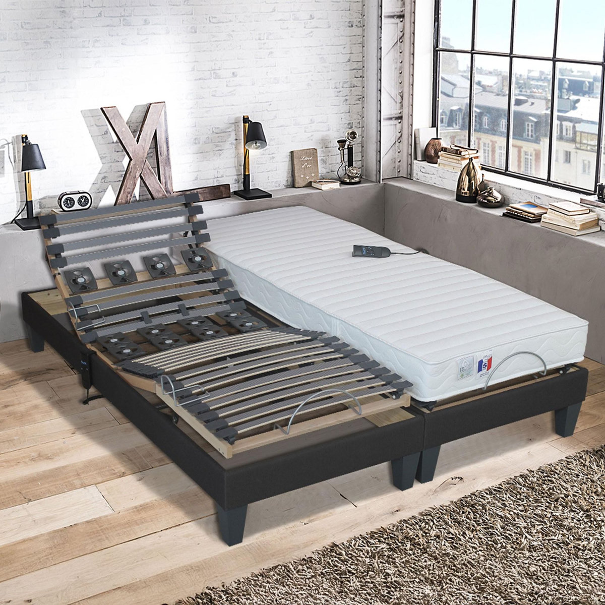 IDLITERIE Lot de Sommiers lattes plus plots gris anthracite