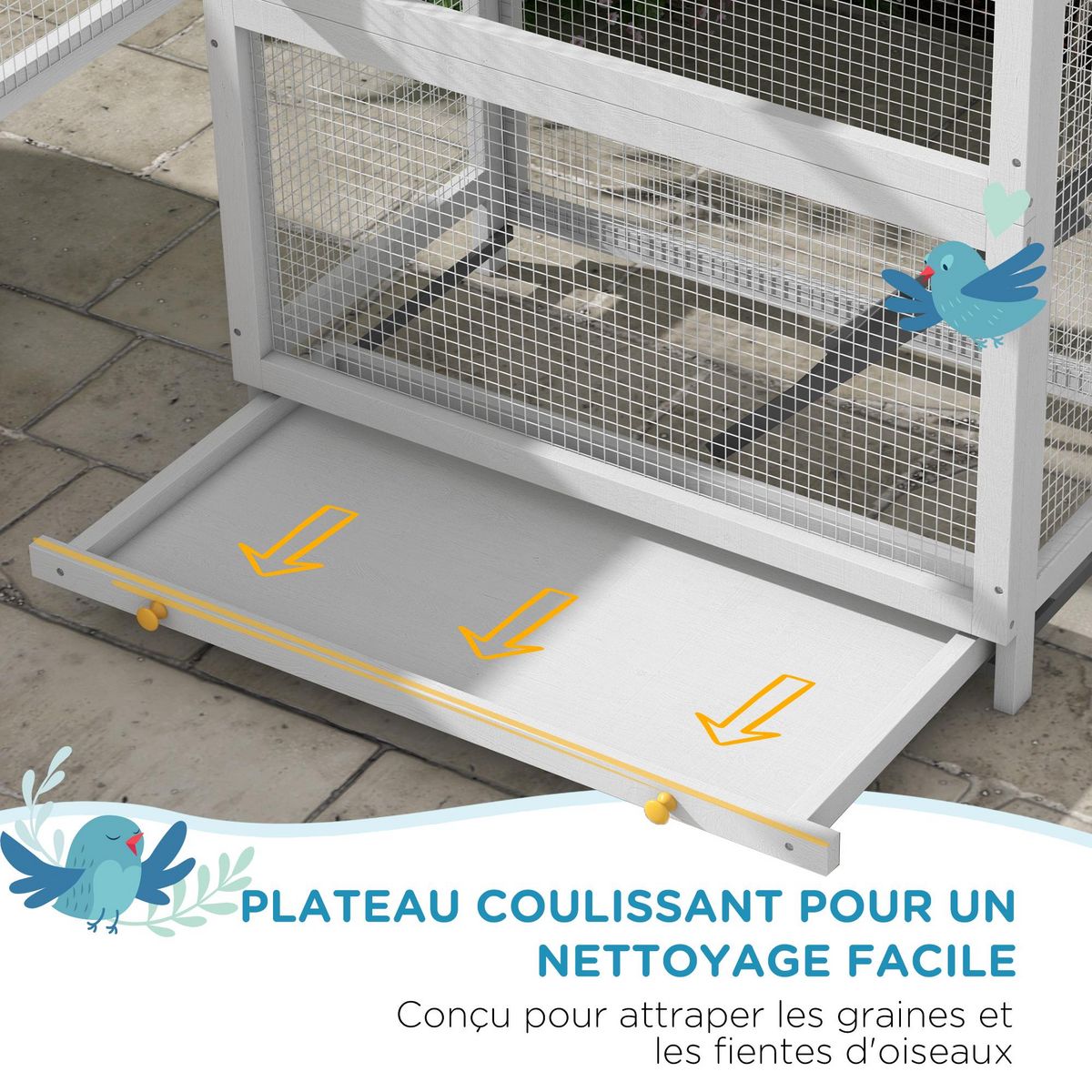 PAWHUT Volière grande cage à oiseaux en bois - 3 portes, toit bitumé double pente, échelle, perchoirs, nichoir, plateau - gris