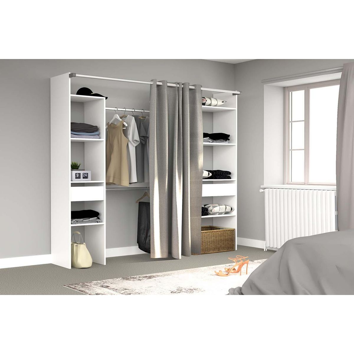 CONCEPT USINE Dressing blanc avec rideau gris 2 penderies, 6 étagères 2 tiroirs ELYSEE