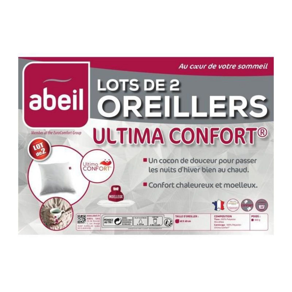 ABEIL ABEIL Lot de 2 oreillers Ultima Confort - 60 x 60 cm