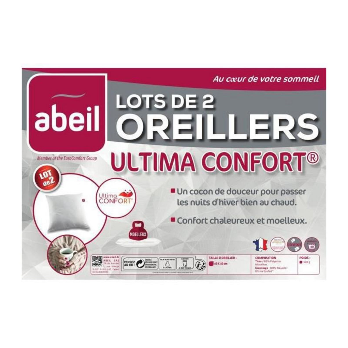 ABEIL ABEIL Lot de 2 oreillers Ultima Confort - 60 x 60 cm