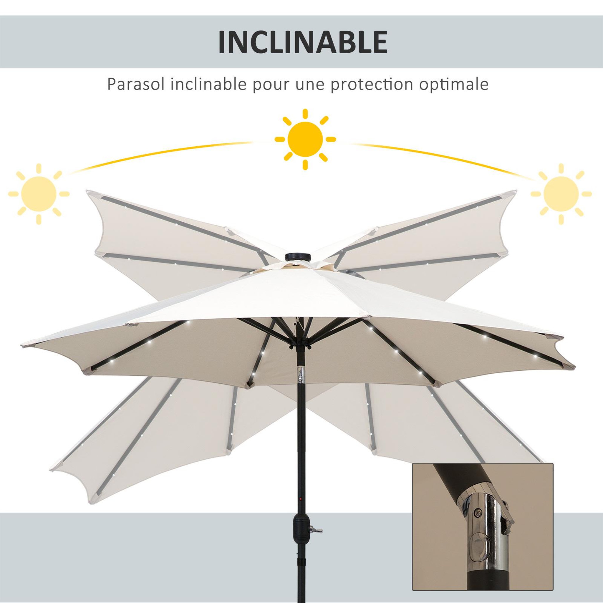 Voir la diapositive 5 : OUTSUNNY Parasol octogonal inclinable Ø 2,67 x 2,4 m lumineux solaire 24 LED polyester haute densité 180 g/m² crème