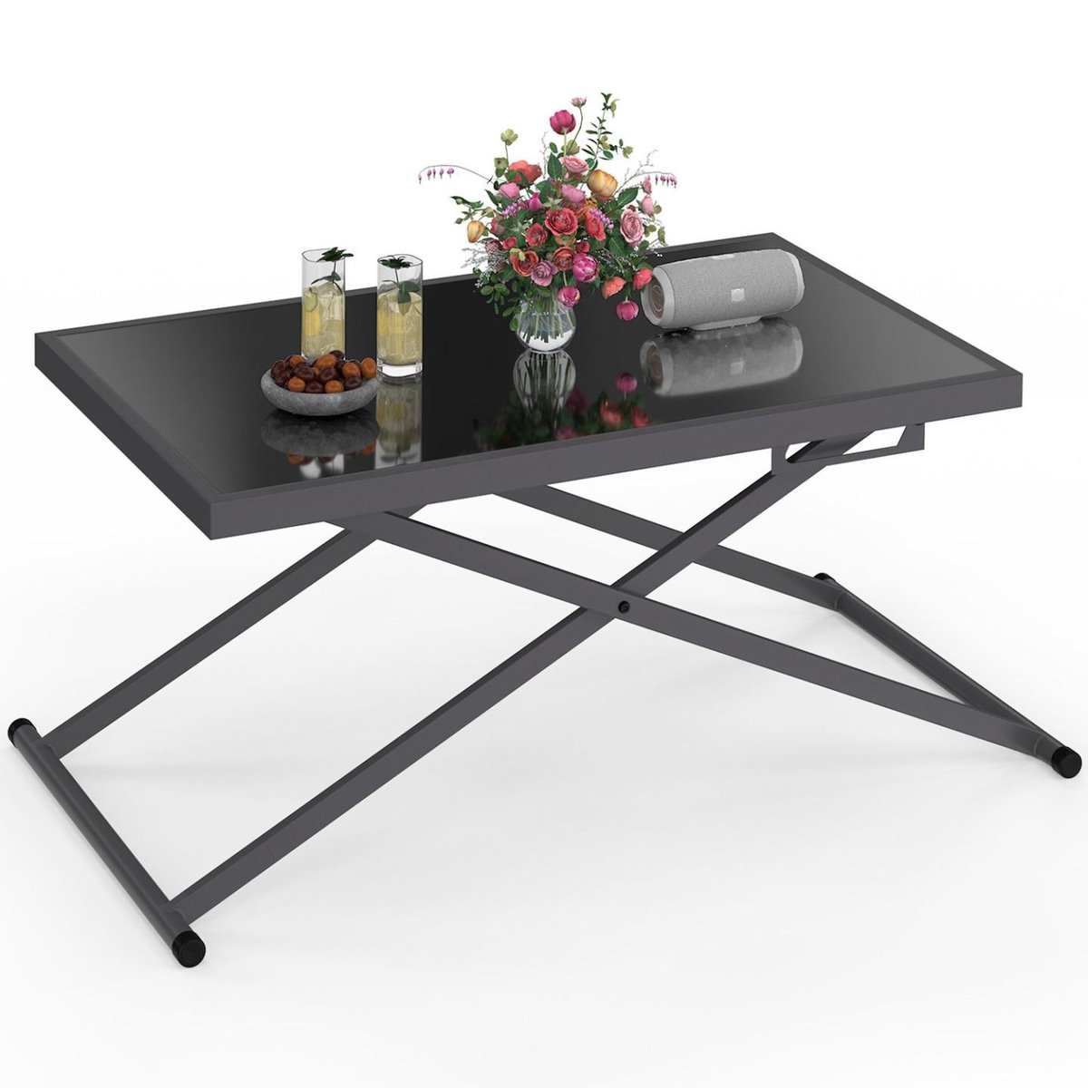 ID MARKET Table de jardin relevable rectangulaire 100 cm OLIE en métal gris anthracite et plateau gris