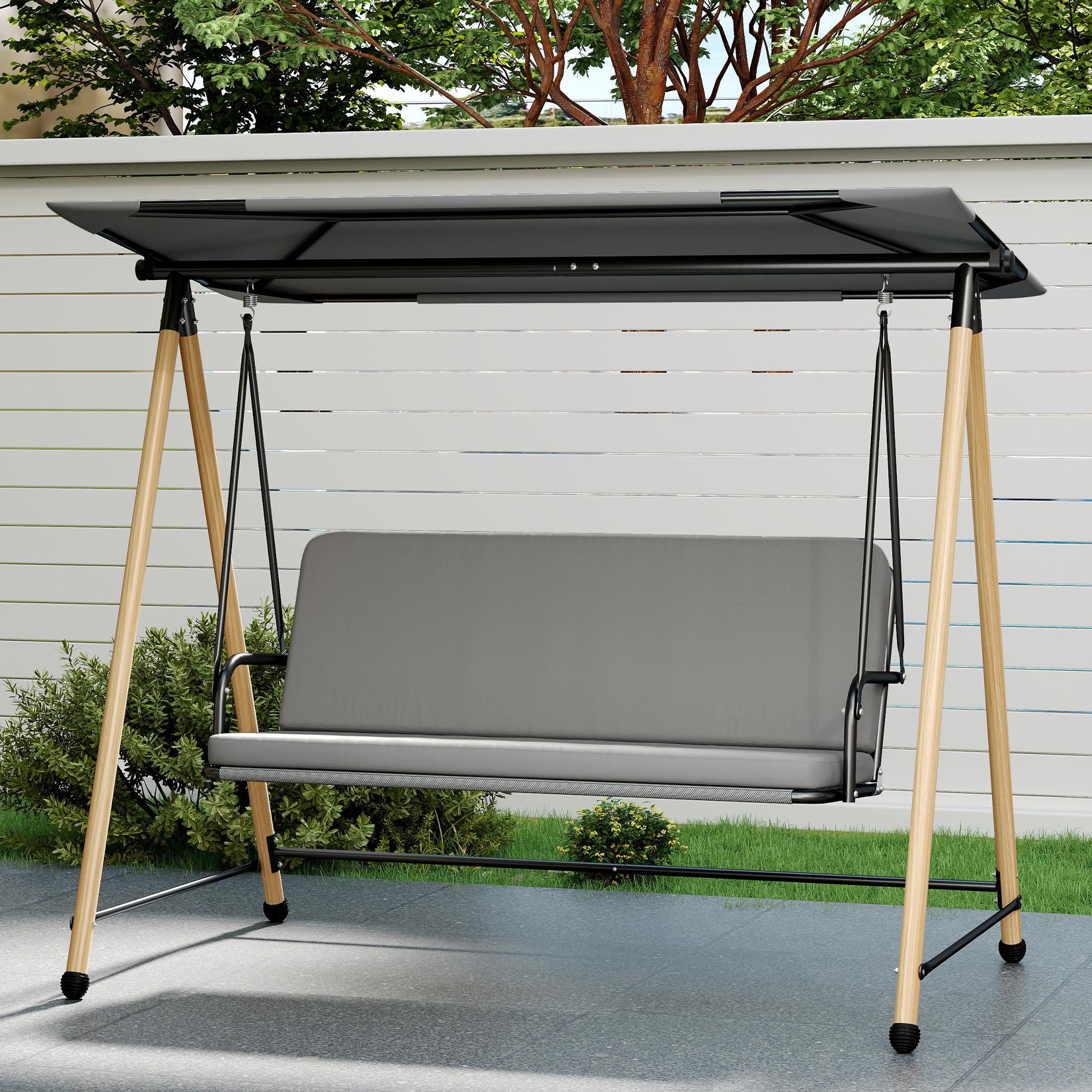 Voir la diapositive 4 : OUTSUNNY Balancelle de jardin 3 places design structure acier effet bois auvent réglable gris
