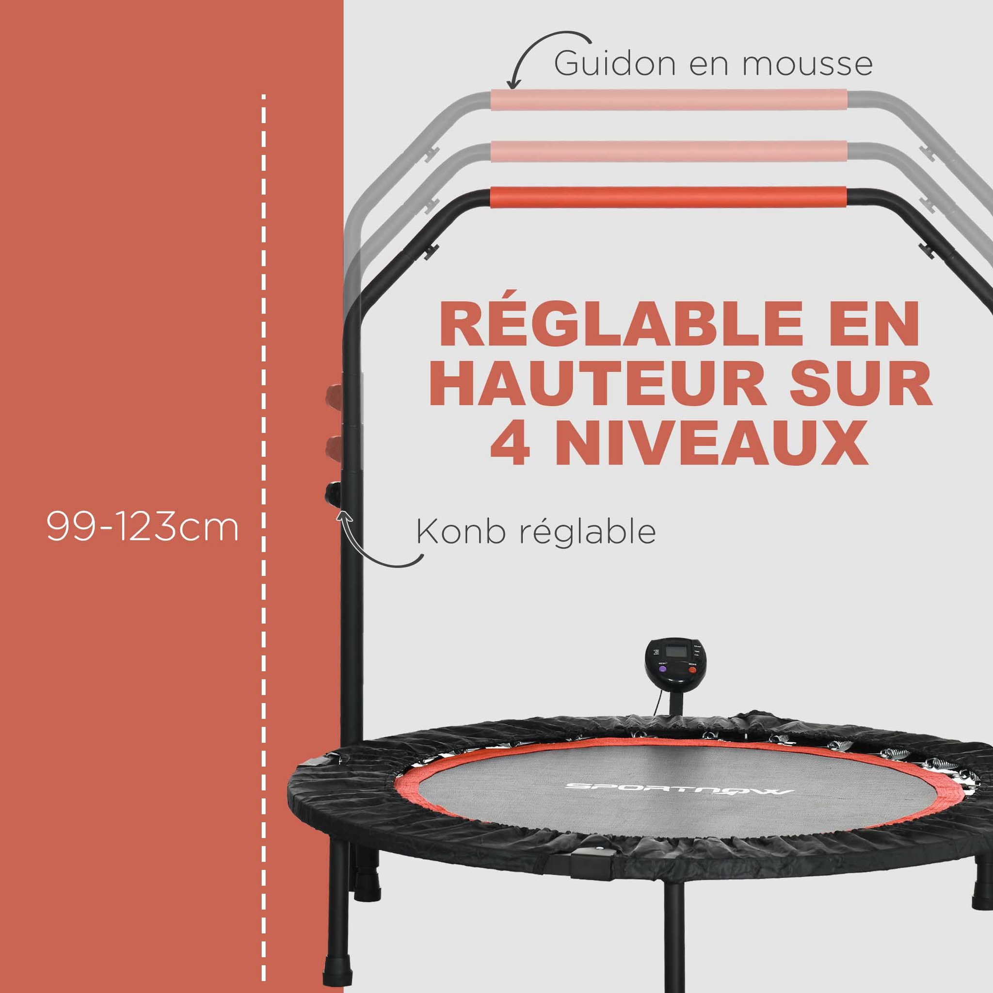 Voir la diapositive 6 : HOMCOM Trampoline de Fitness gym pliable - poignée réglable, écran LCD, 28 ressorts - Ø 102 cm - noir rouge