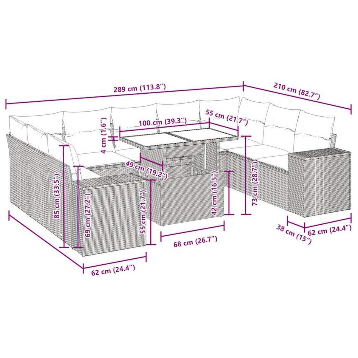 VIDAXL Salon de jardin avec coussins 10 pcs gris resine tressee