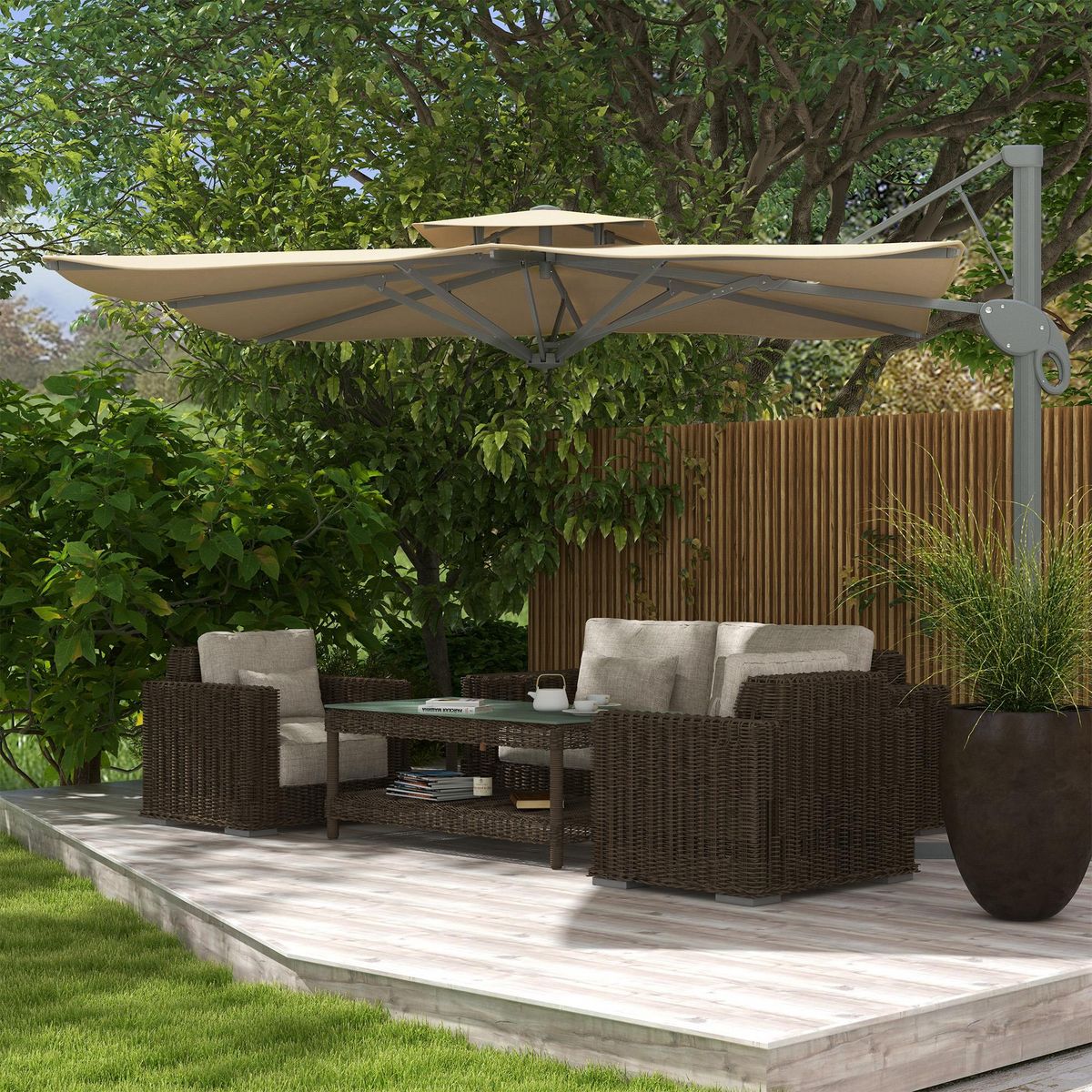 OUTSUNNY Parasol déporté carré pivotant 360° manivelle dim. 2,97L x 2,97l x 2,64H m alu. polyester beige