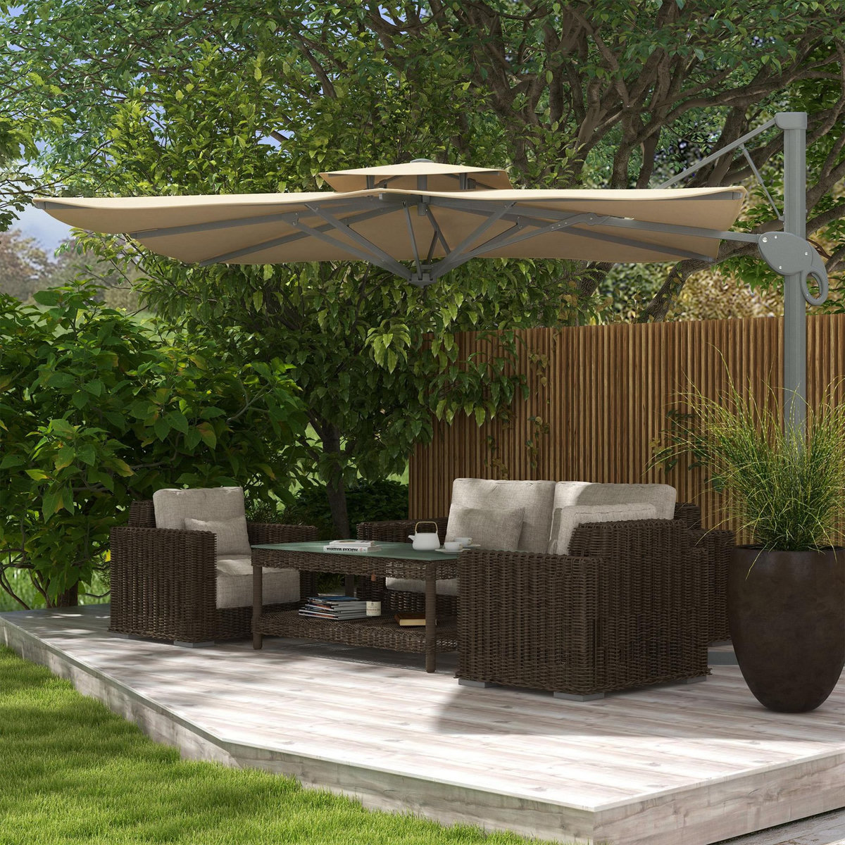 OUTSUNNY Parasol déporté carré pivotant 360° manivelle dim. 2,97L x 2,97l x 2,64H m alu. polyester beige