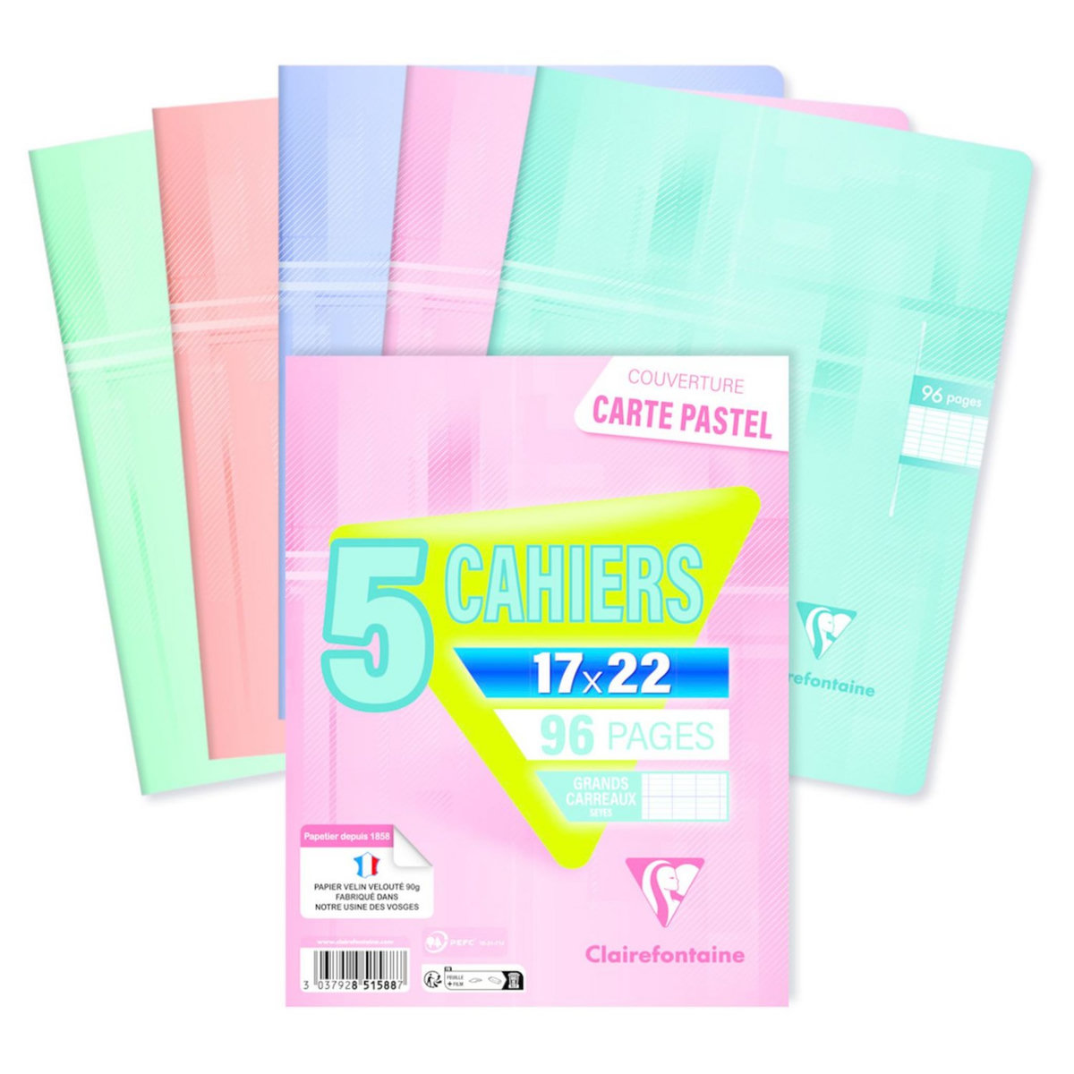 Lot De 10 Cahiers Calligraphe (Clairefontaine) - Format A4, 48 Pages Petits Carreaux - Papier 90g, Couverture Polypro Transparent - Couleurs Aléatoires