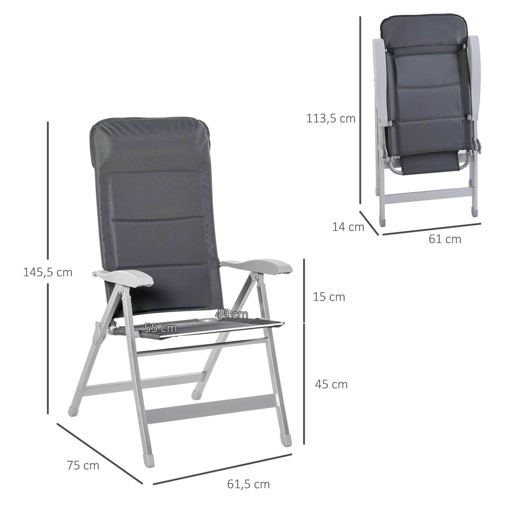 Voir la diapositive 3 : OUTSUNNY Lot de 2 chaises de jardin pliantes dossier haut inclinable multipositions accoudoirs tétière alu. oxford déperlant gris