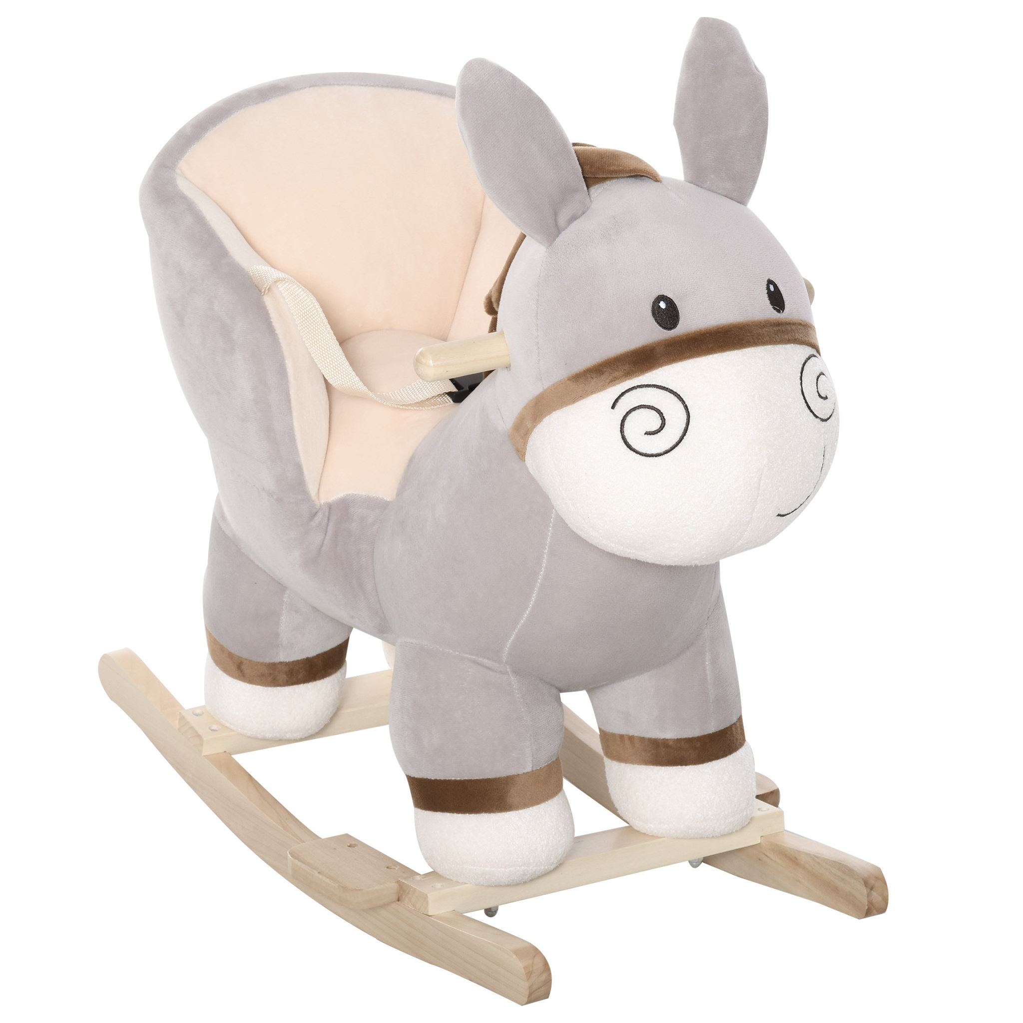 Voir la diapositive 1 : HOMCOM Cheval à bascule modèle âne fonction musicale selle grand confort peluche courte douce bois peuplier gris dim. 61L x 34l x 58H cm