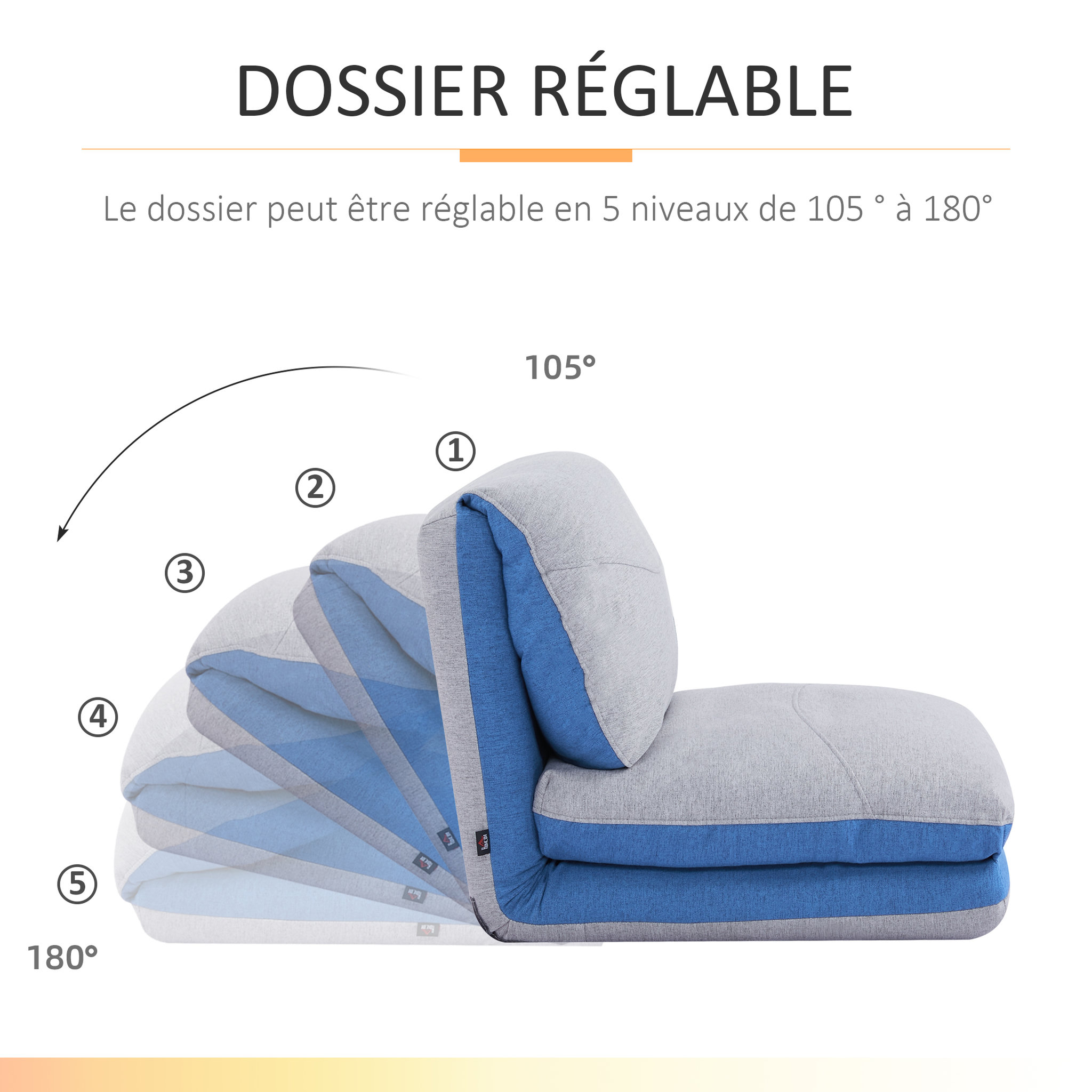 Voir la diapositive 6 : HOMCOM Chauffeuse - matelas d'appoint pliant - fauteuil convertible - inclinaison dossier réglable 5 positions - tissu polyester aspect lin gris clair bleu