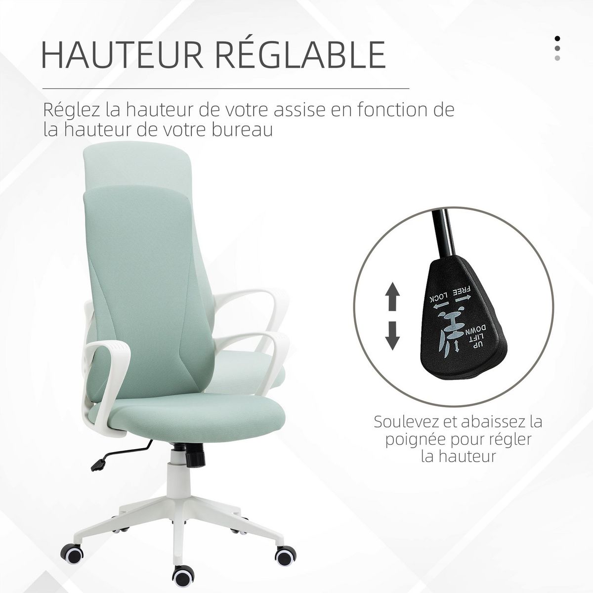 VINSETTO Fauteuil de Bureau ergonomique avec accoudoirs et roulettes pivotant - Fonction Inclinaison et Hauteur réglable dim. 62L x 56l x 119,5H cm - Vert