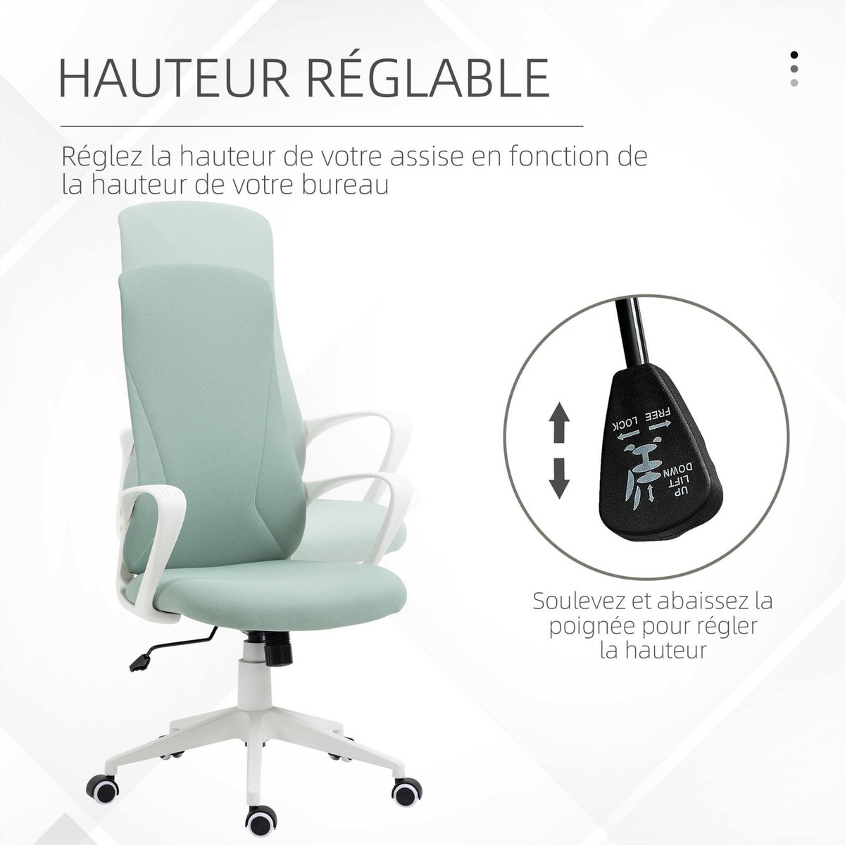VINSETTO Fauteuil de Bureau ergonomique avec accoudoirs et roulettes pivotant - Fonction Inclinaison et Hauteur réglable dim. 62L x 56l x 119,5H cm - Vert
