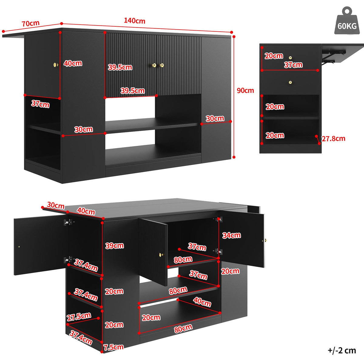 MERAX Ilot de cuisine 3 portes 2 tiroirs coloris noir mdf