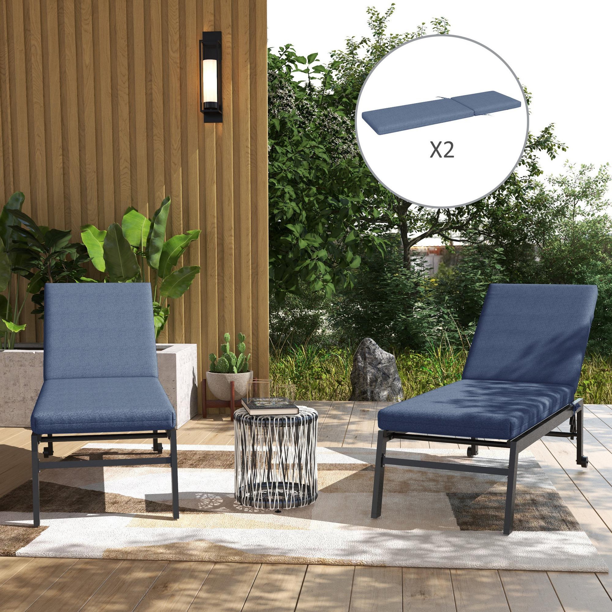 Voir la diapositive 4 : OUTSUNNY Lot de 2 matelas pour transat bain de soleil - dim. 190,5L x 58,4l x 7H cm - cordons d'attache - bleu