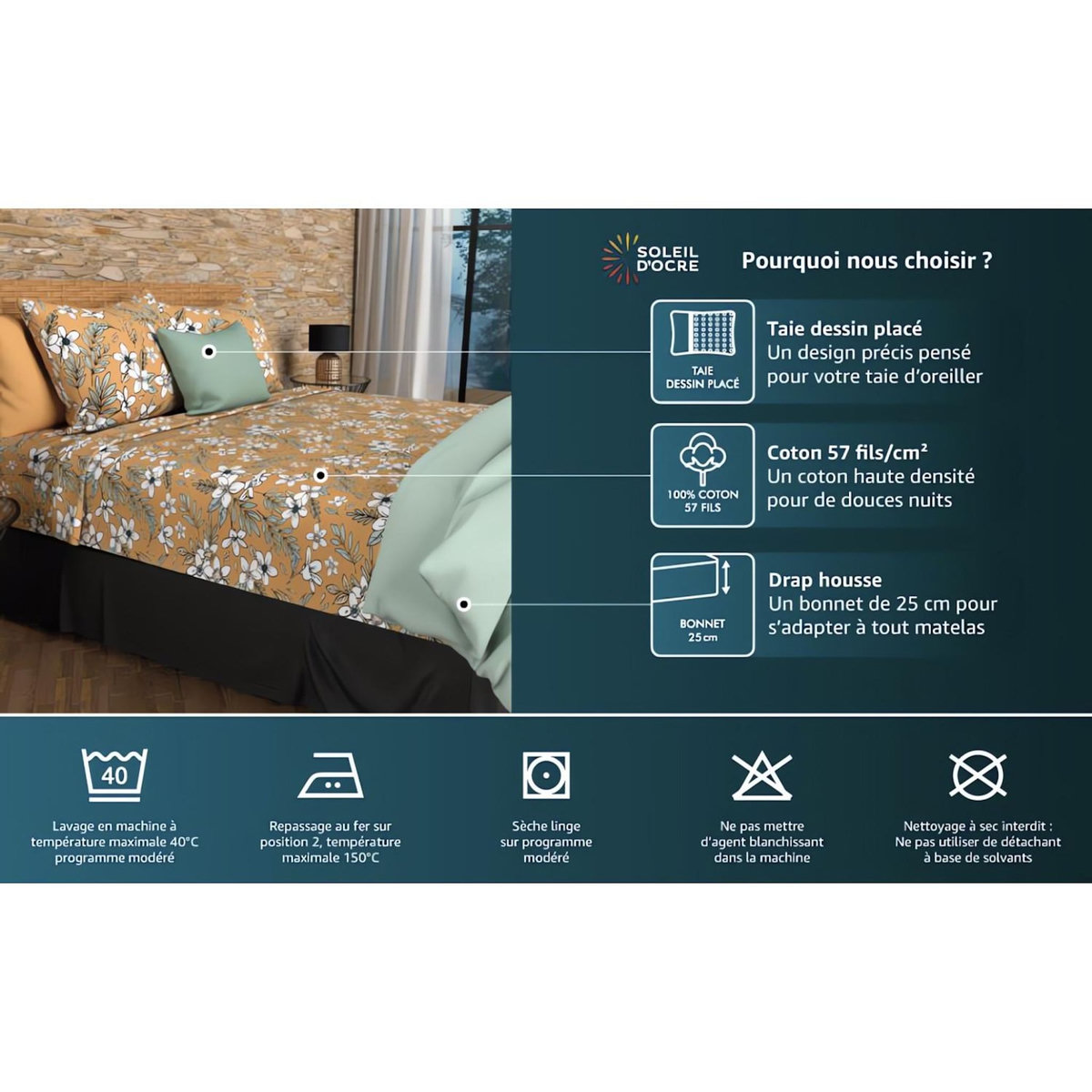 SOLEIL D'OCRE Parure de draps coton 57 fils ESMERALDA, par Soleil d'ocre