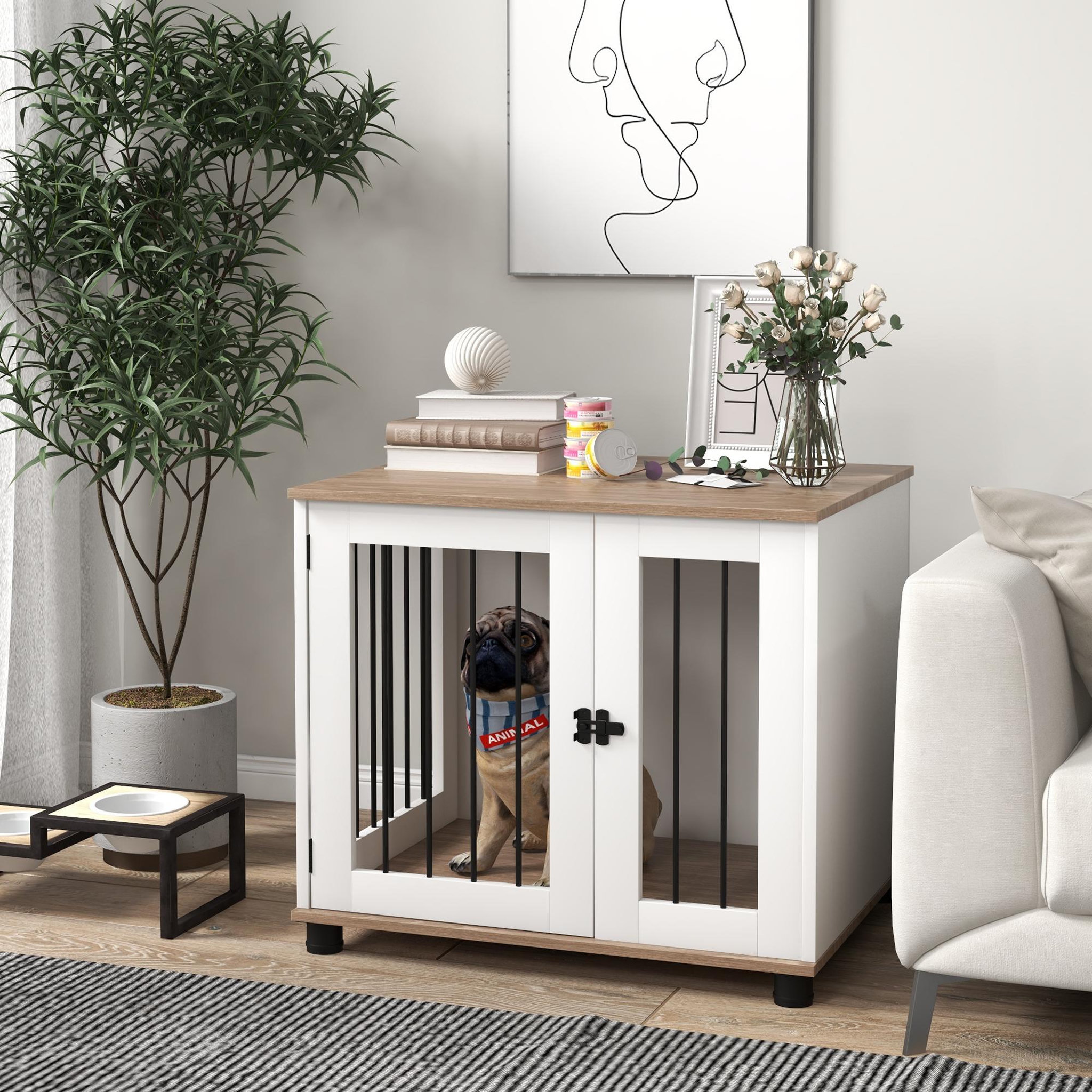 Voir la diapositive 4 : PAWHUT Cage pour chien animaux sur pied - porte verrouillable - acier noir panneaux blanc chêne clair