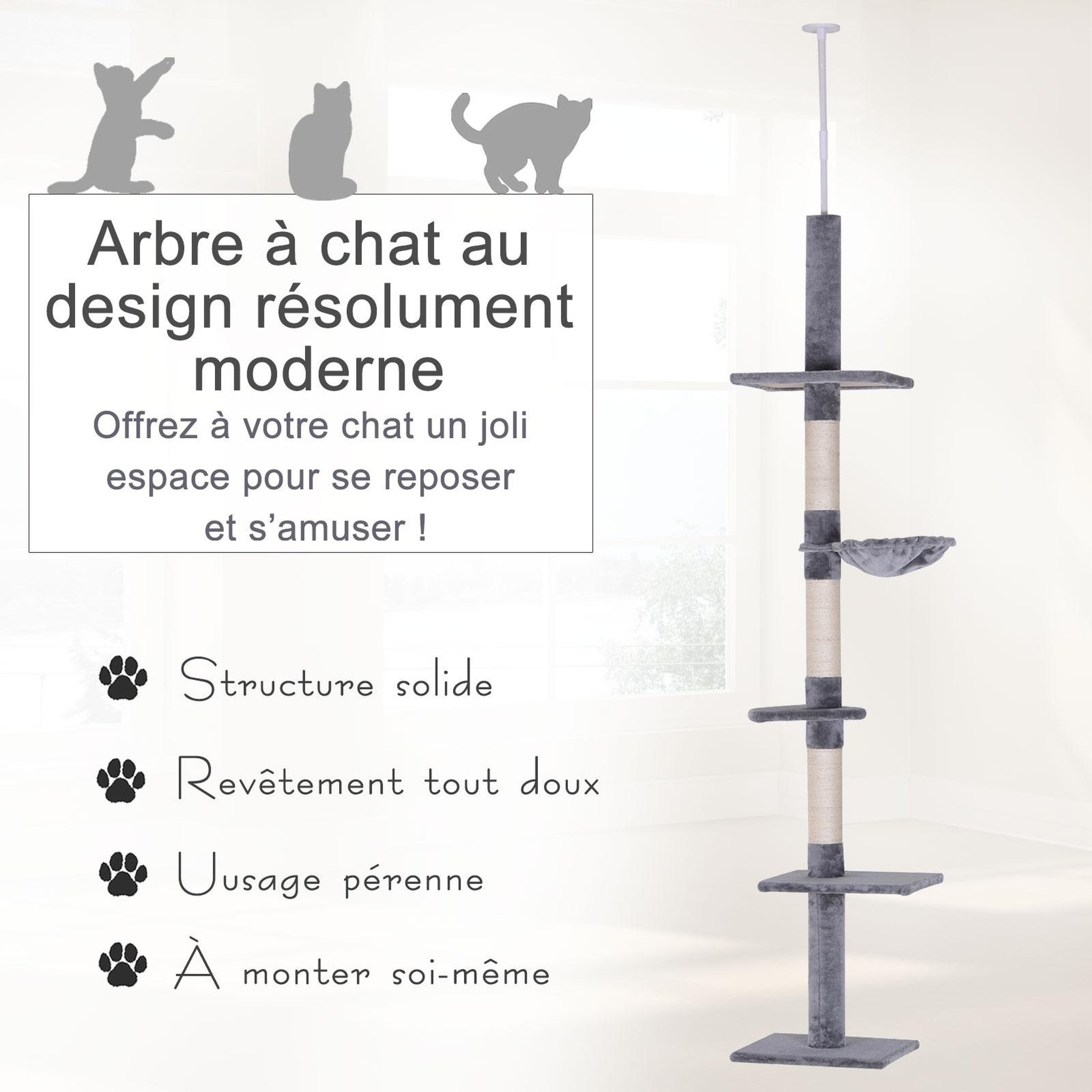 Voir la diapositive 4 : PAWHUT Arbre à chat poteau à griffer l40 x l 34 x h 230-260 cm 5 niveaux d'activités gris
