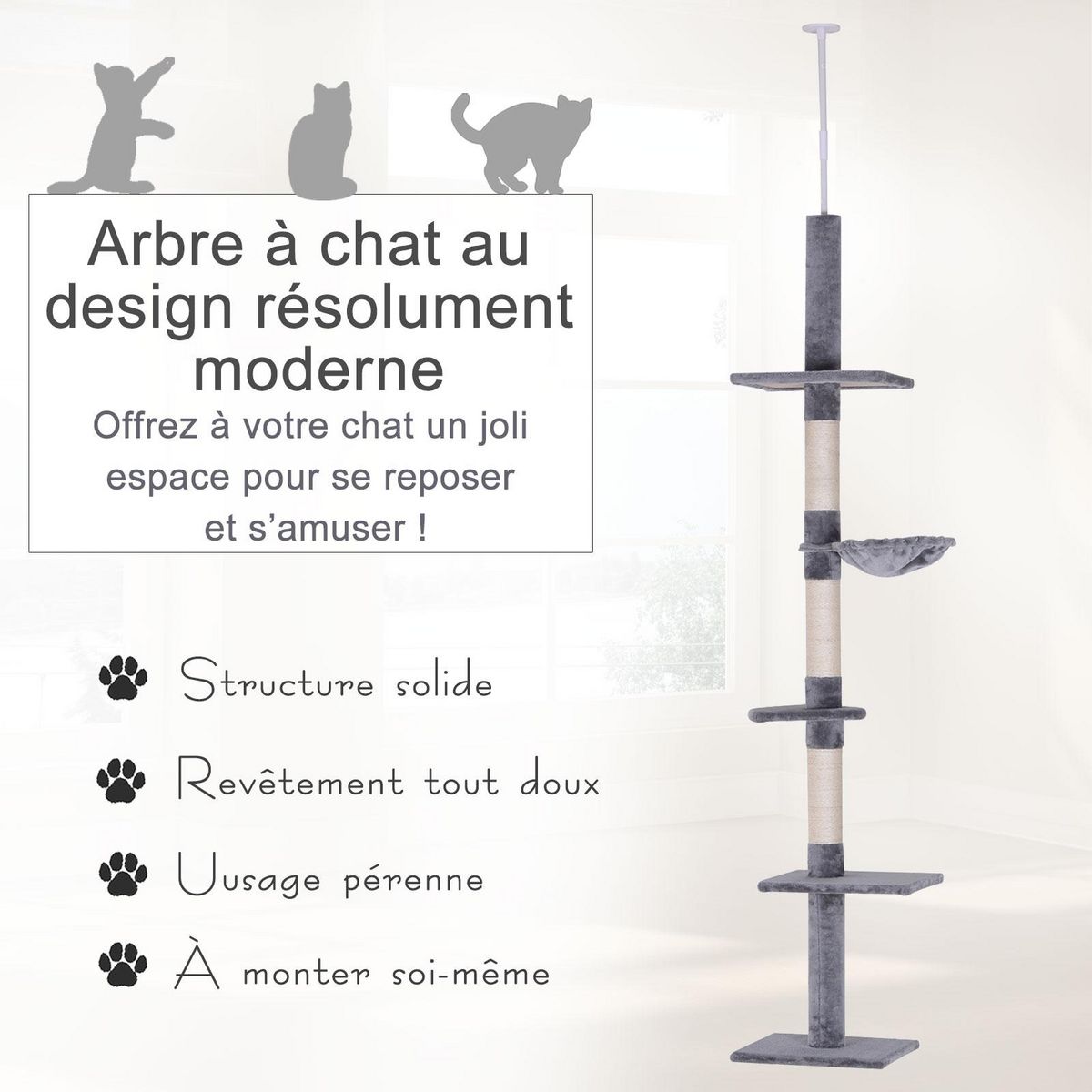 PAWHUT Arbre à chat poteau à griffer L40 x l 34 x H 230-260 cm 5 niveaux d'activités gris