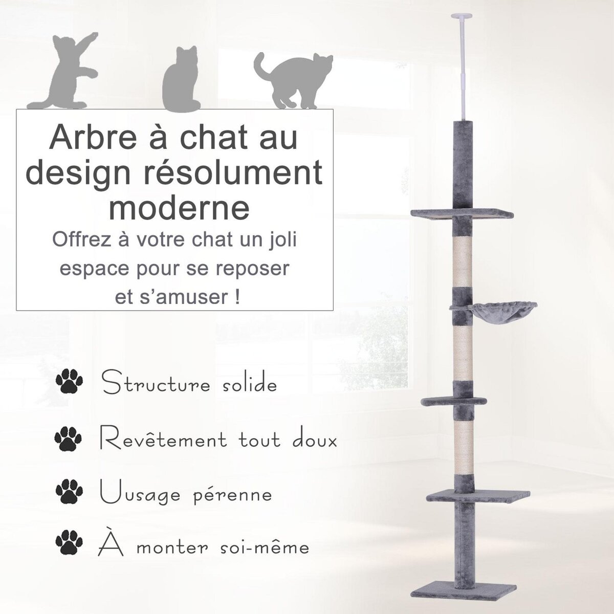 PAWHUT Arbre à chat poteau à griffer L40 x l 34 x H 230-260 cm 5 niveaux d'activités gris