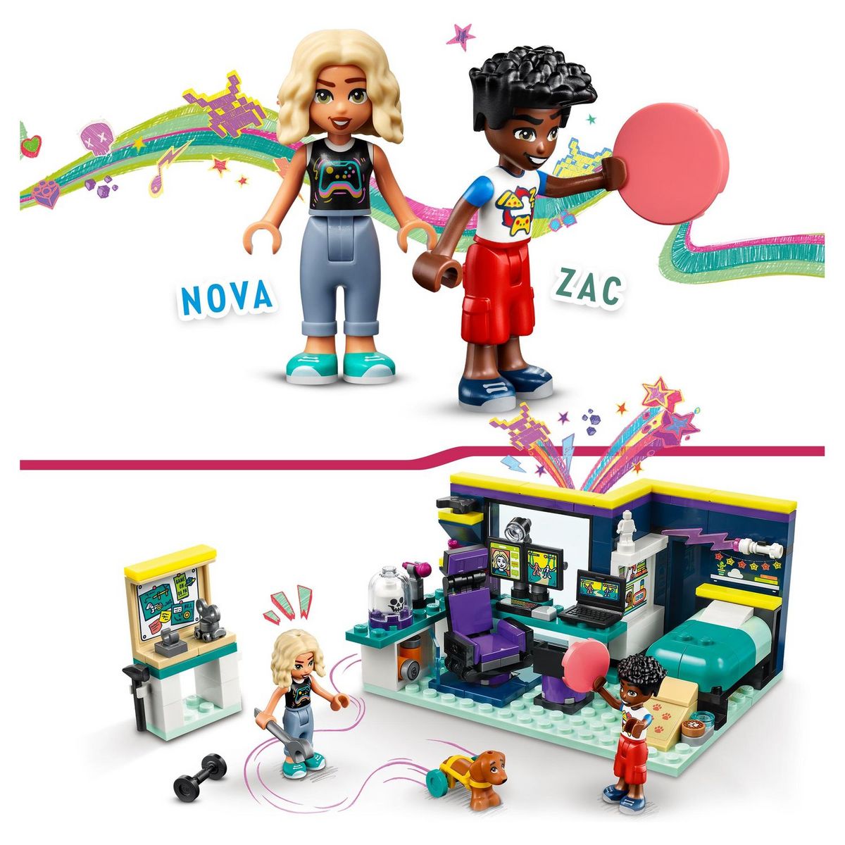 LEGO Friends 41755 La chambre de Nova, Jouet sur le Thème du Gaming, à Collectionner avec la Mini-Poupée 2023 Zac et Chien Pickle