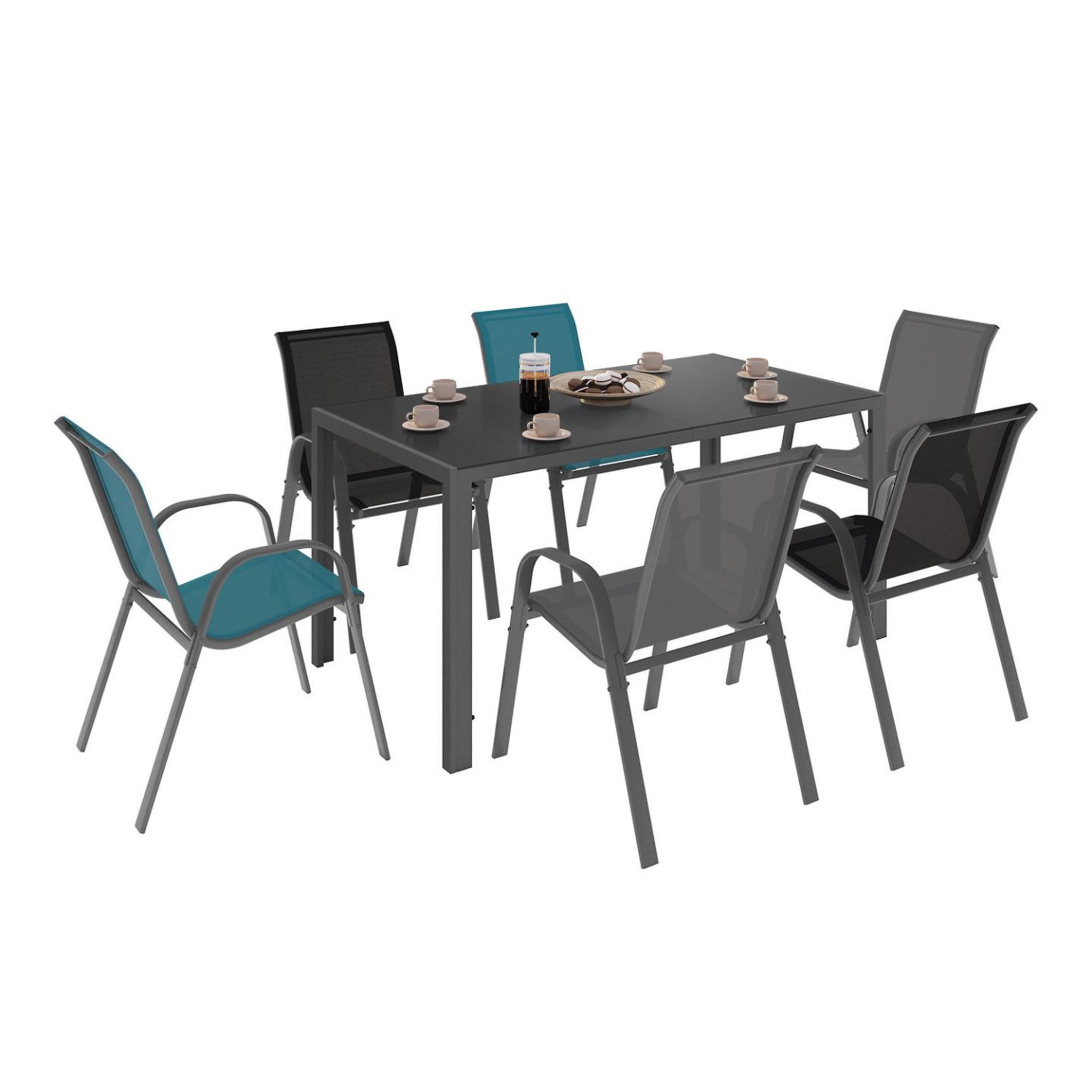 ID MARKET Salon de jardin madrid table 150 cm et 6 chaises empilables mix color gris, noir et bleu