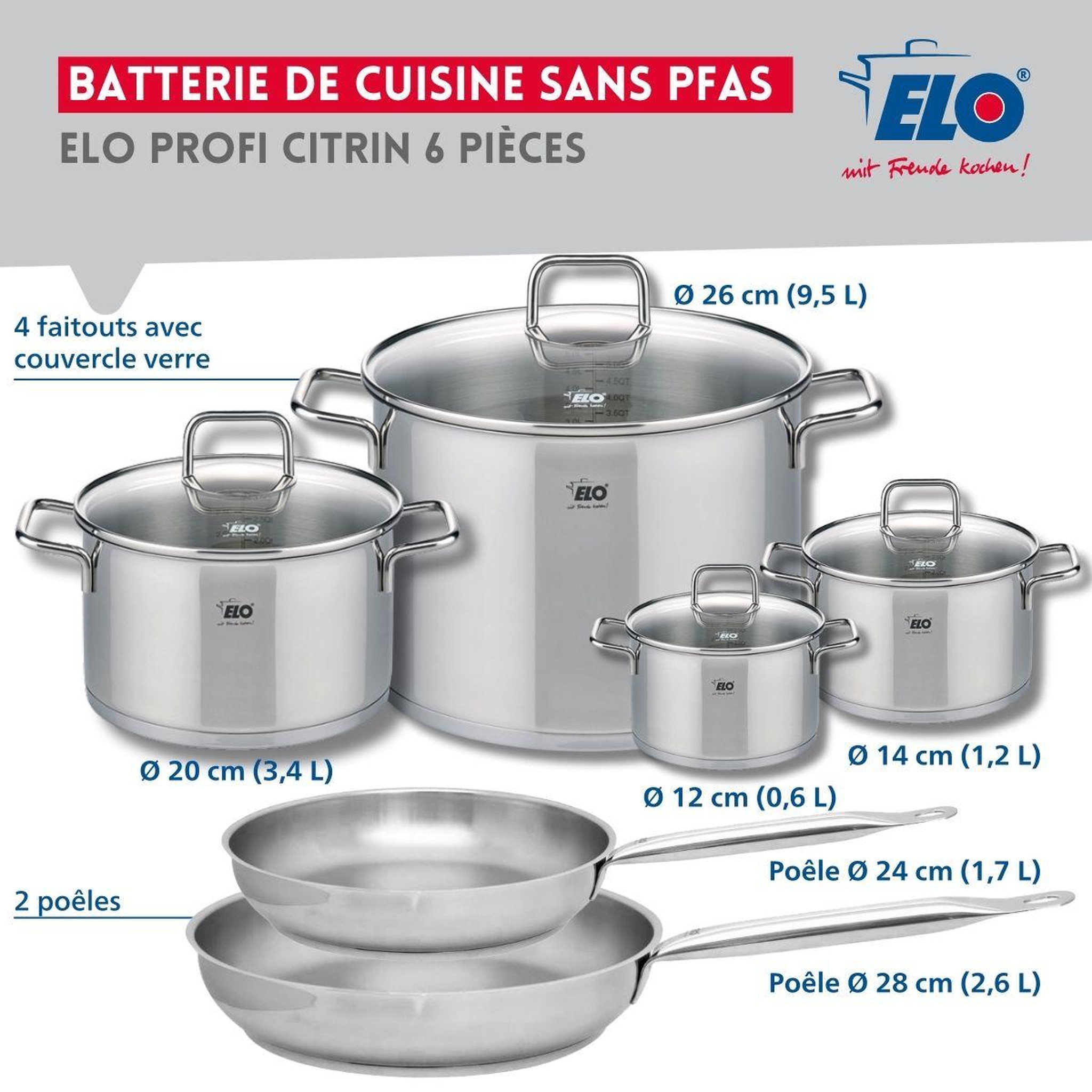 Voir la diapositive 2 : ELO Ensemble de 2 poêles de cuisson 24 et 28 cm et 4 faitouts 12, 14, 20 et 26 cm elo profi citrin