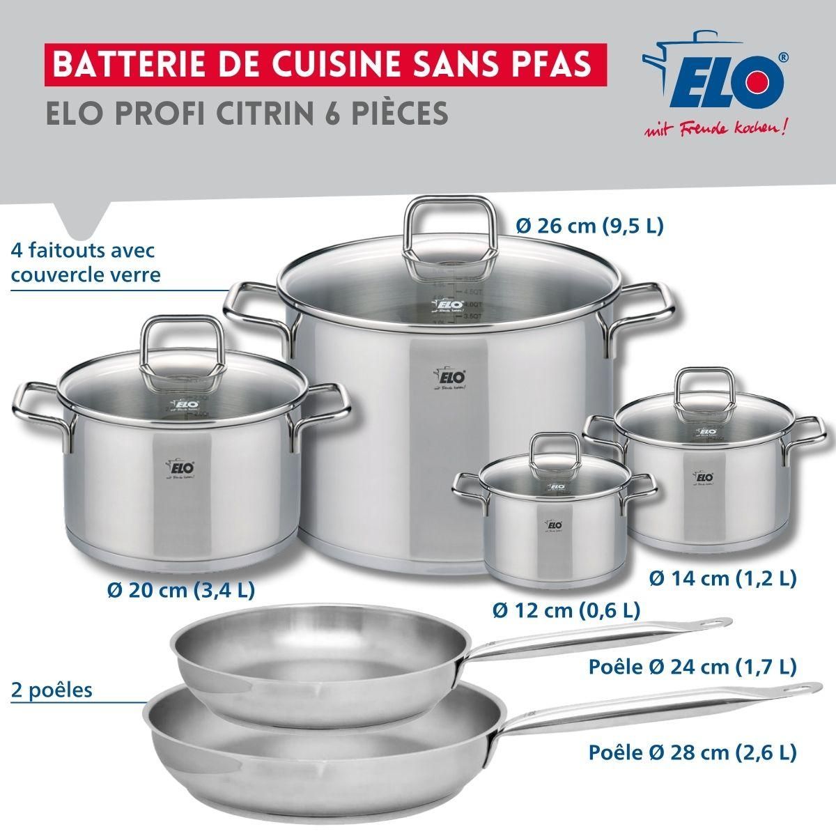 ELO Ensemble de 2 Poêles de cuisson 24 et 28 cm et 4 faitouts 12, 14, 20 et 26 cm Elo Profi Citrin