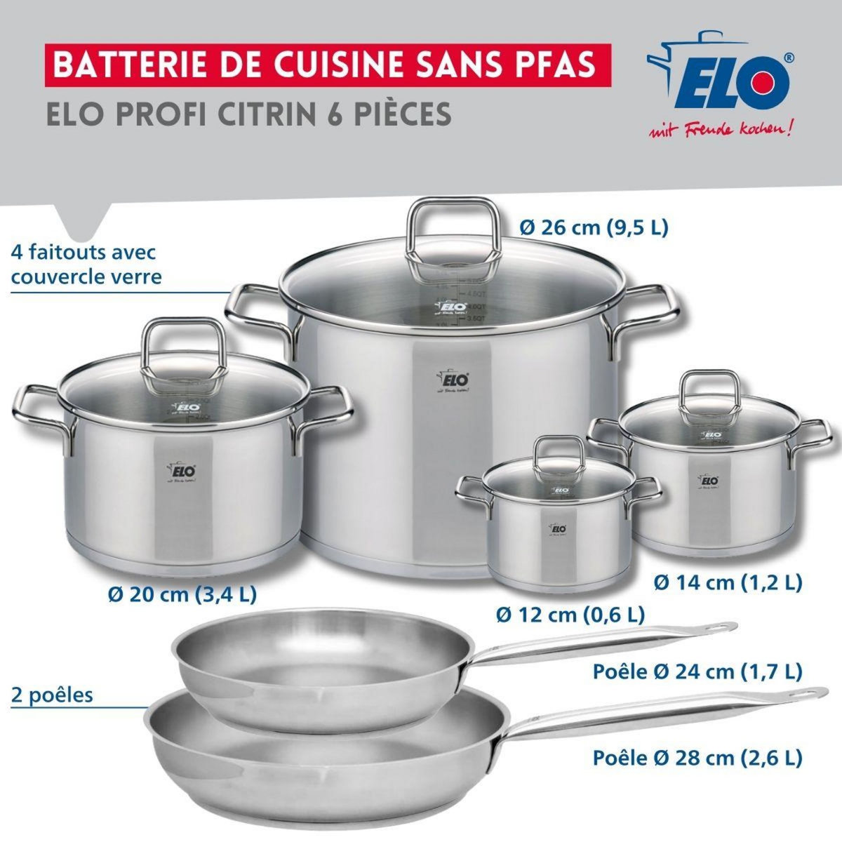 ELO Ensemble de 2 Poêles de cuisson 24 et 28 cm et 4 faitouts 12, 14, 20 et 26 cm Elo Profi Citrin