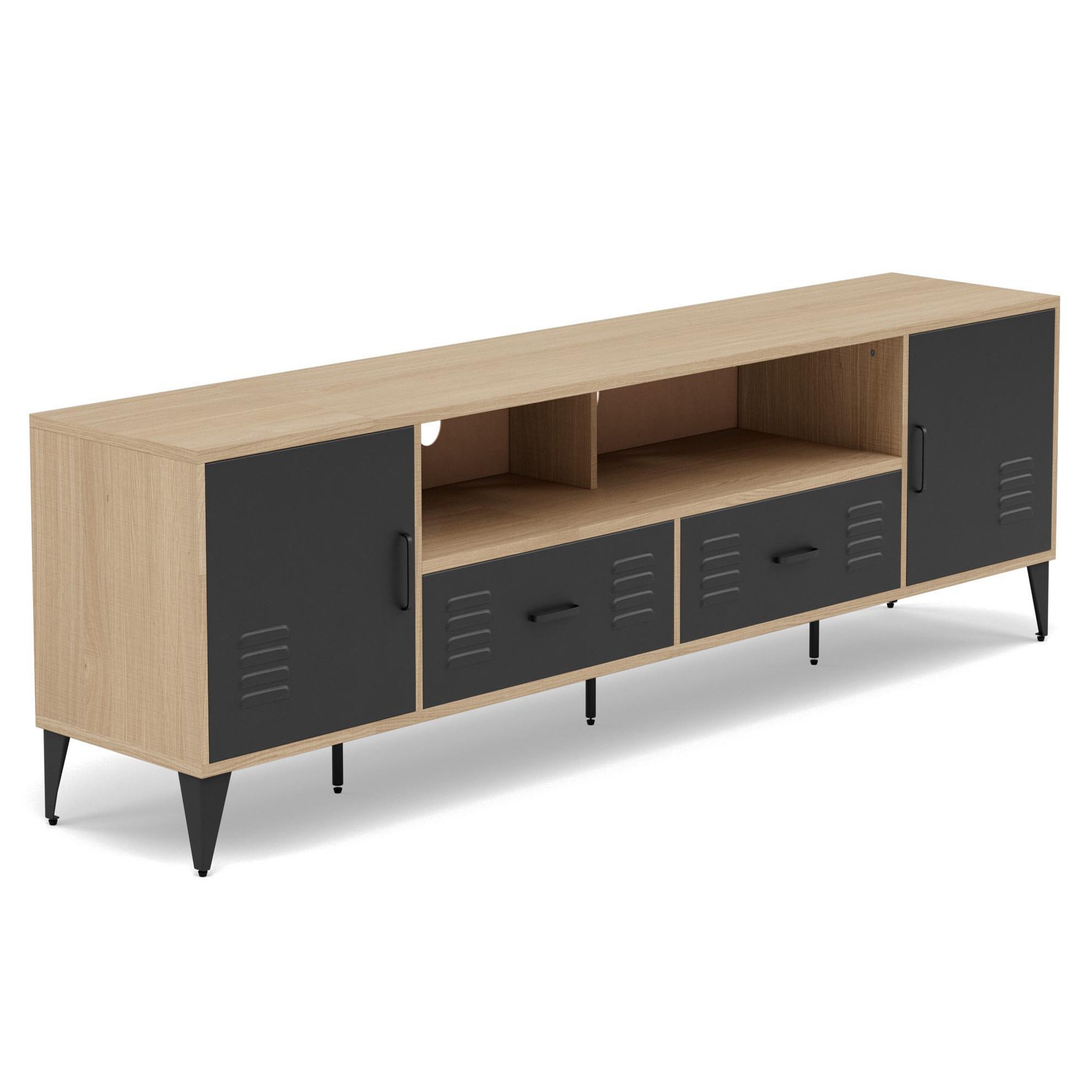 Voir la diapositive 4 : BEST MOBILIER Tribeca - meuble tv - effet bois et métal noir - 2 portes et 2 tiroirs - 200 cm