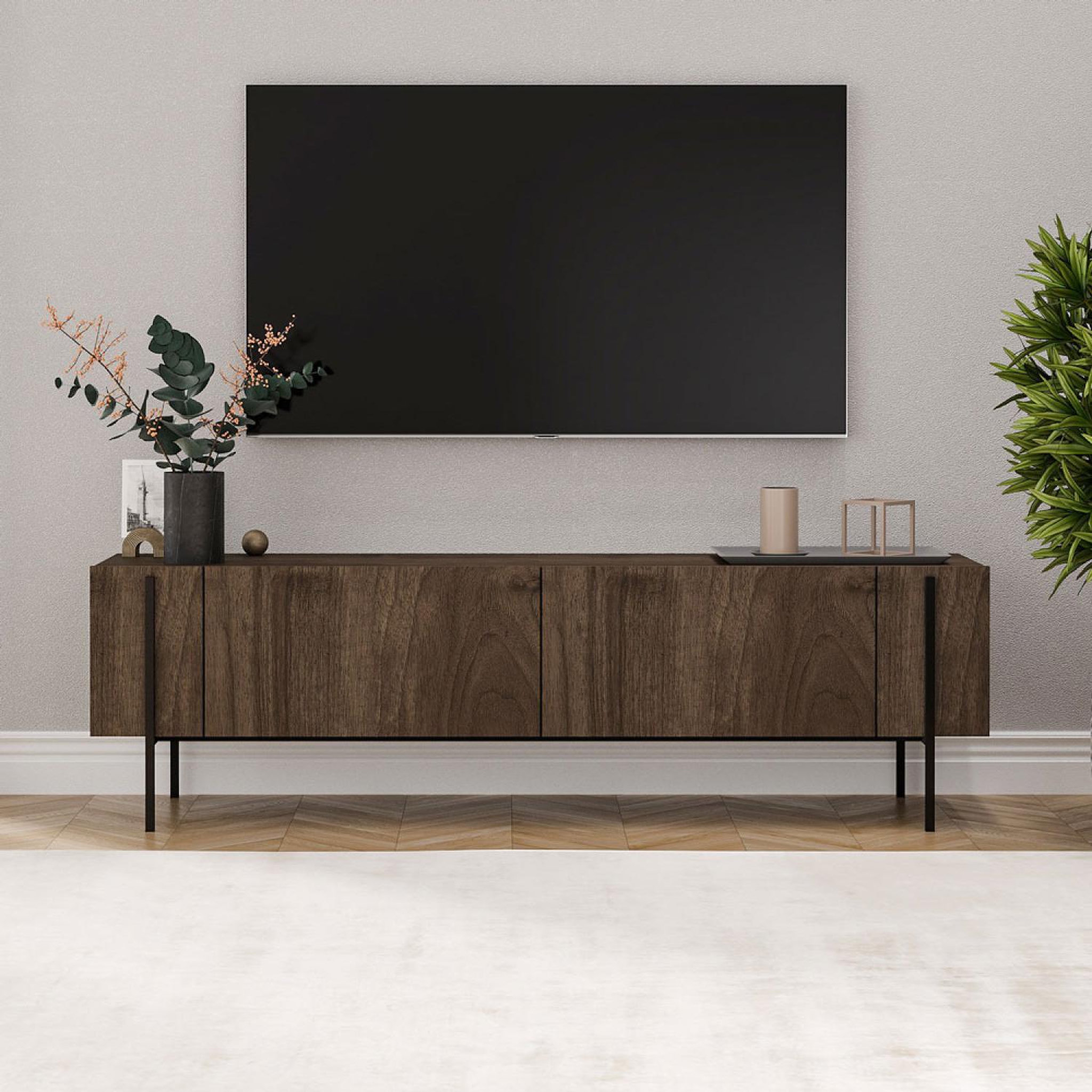 Voir la diapositive 2 : CONCEPT USINE Meuble tv avec placards aspect noyer 160cm freno