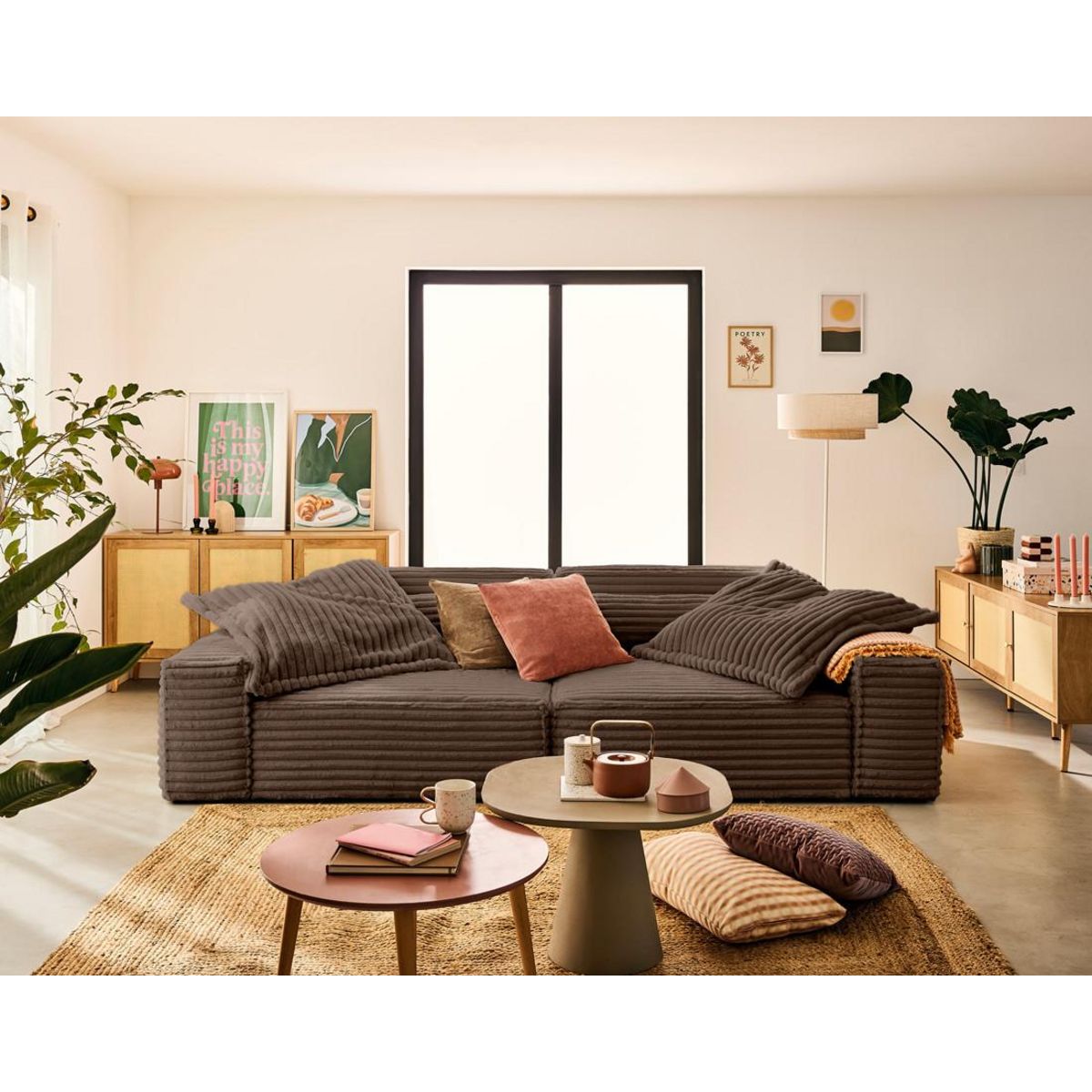 LISA DESIGN Richie - canapé droit 3 places avec double méridienne - assise profonde - en fausse fourrure côtelée