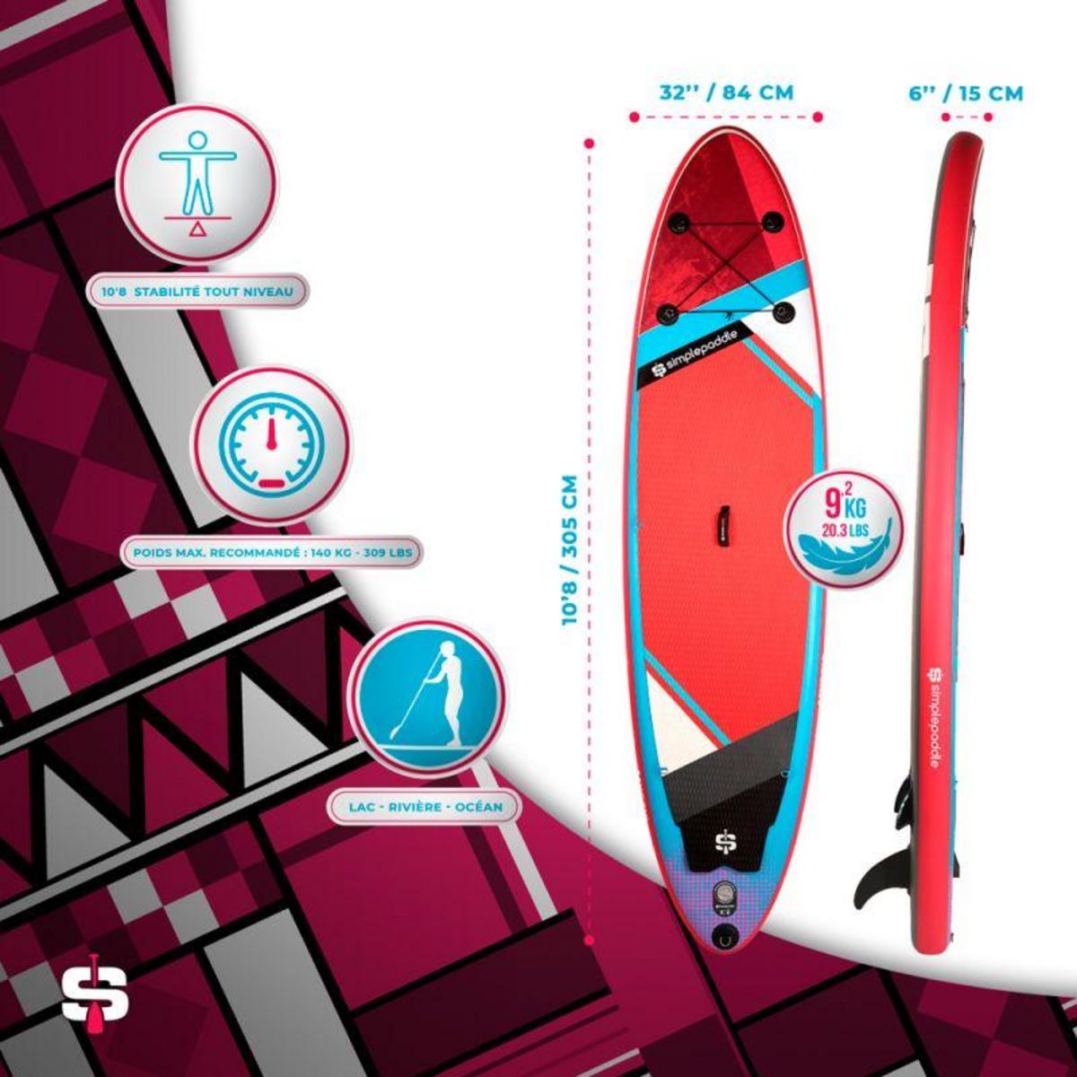 SIMPLE PADDLE Paddle Gonflable 10'8 32'' 6'' (325 x 81 x 15 cm) avec Pagaie, Leash, Pompe et Sac de Transport