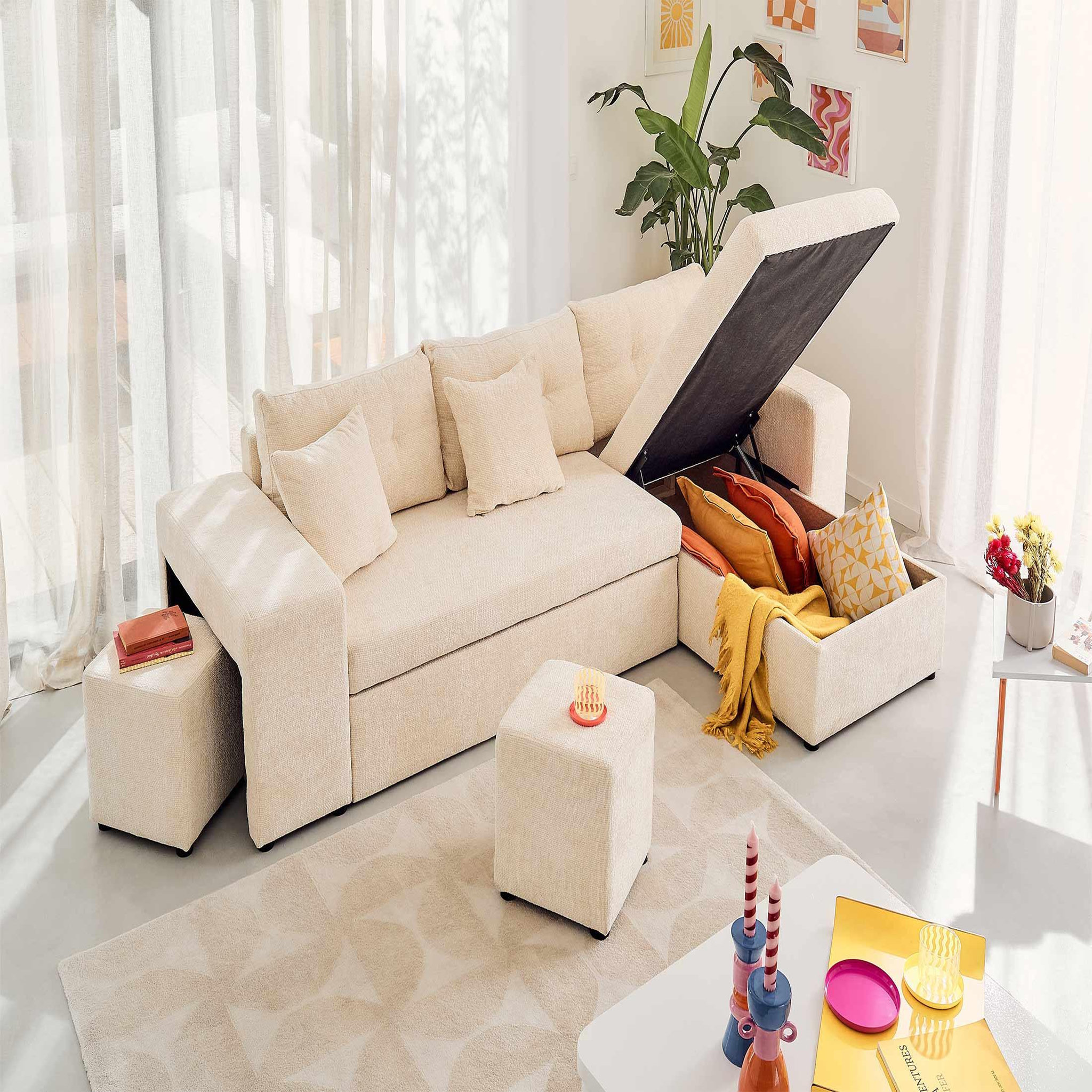 Voir la diapositive 3 : BEST MOBILIER California - canapé d'angle réversible 4 places - convertible avec coffre, étagère et poufs - en velours texturé