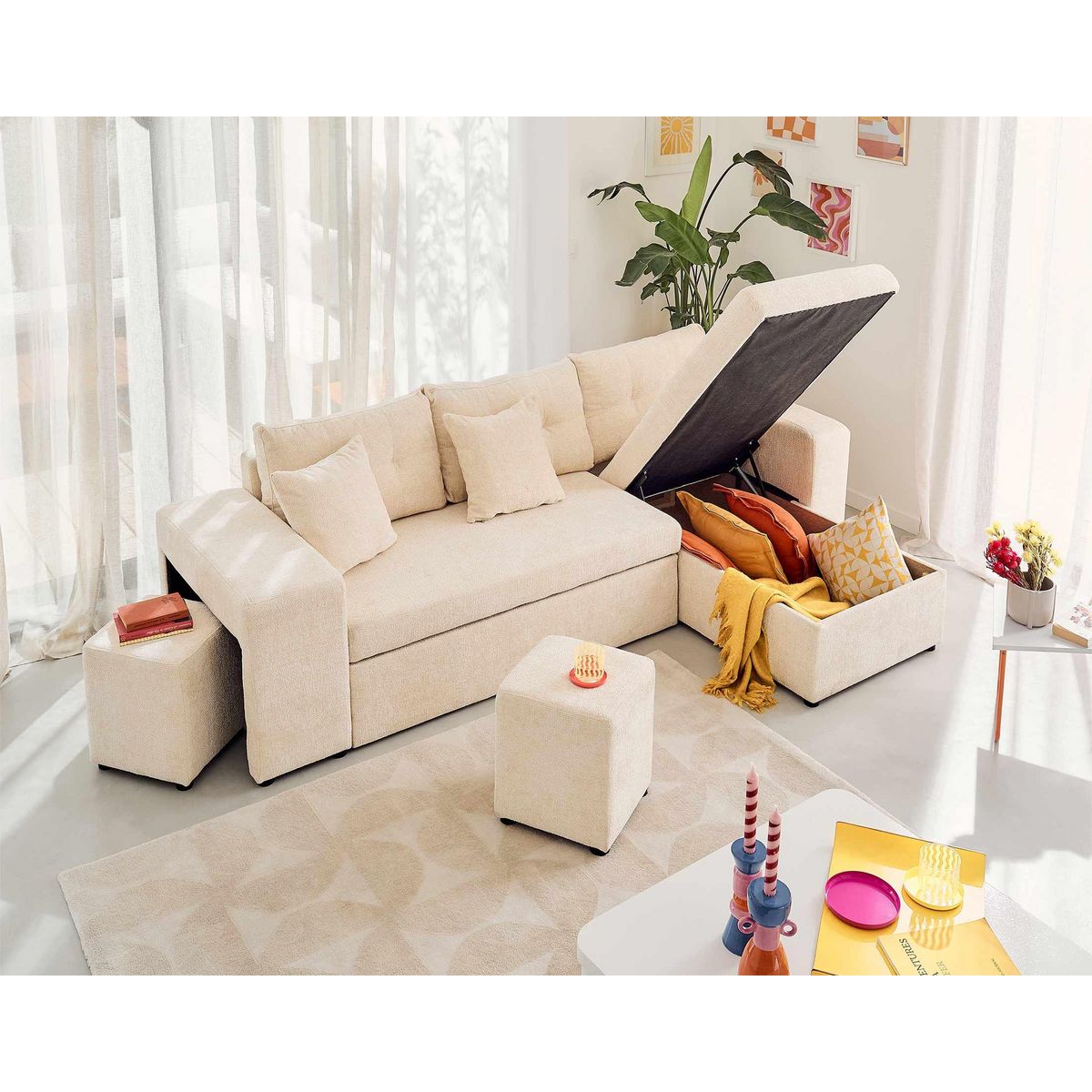 BEST MOBILIER California - canapé d'angle réversible 4 places - convertible avec coffre, étagère et poufs - en velours texturé