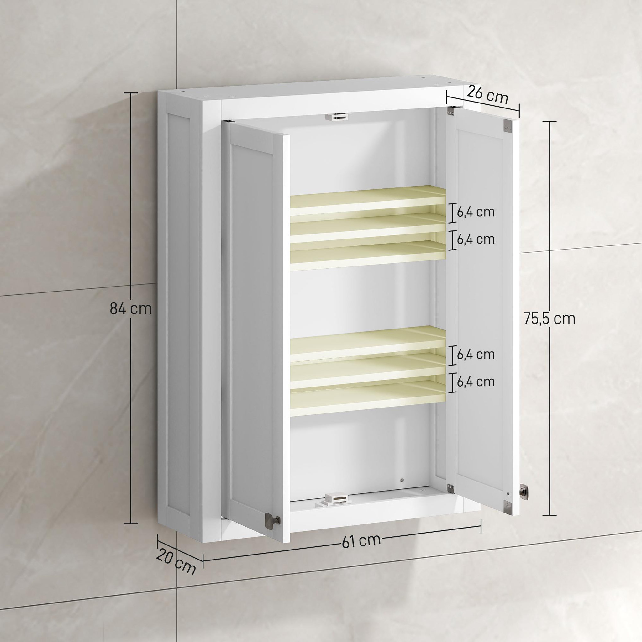 Voir la diapositive 3 : HOMCOM Armoire murale de salle de bain 3 niveaux 2 portes étagère bois blanc