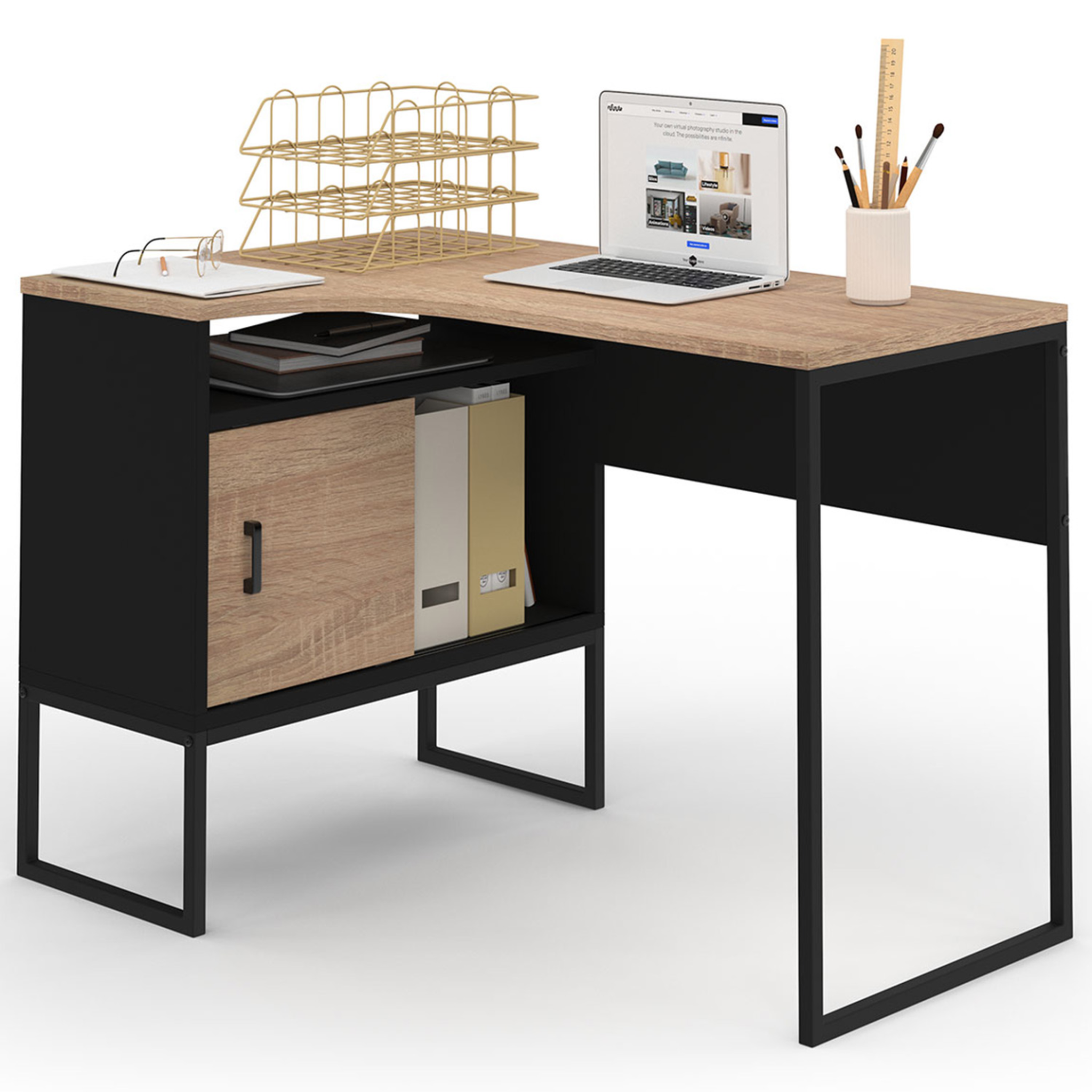 ID MARKET Bureau d'angle rob noir et façon hêtre niche de rangement et porte design industriel