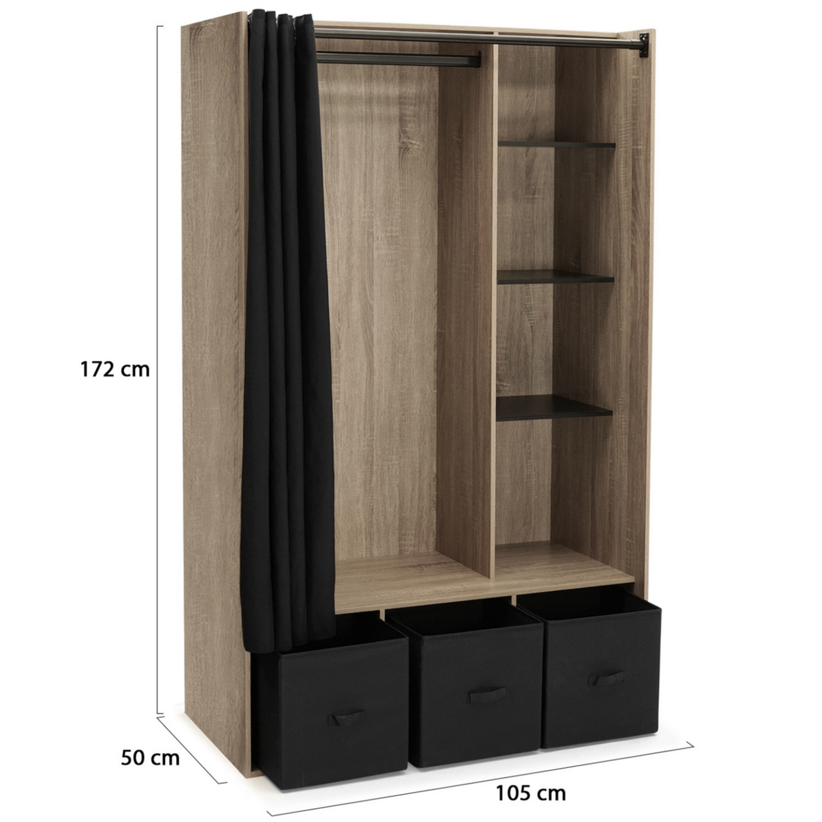 ID MARKET Dressing penderie DIANE 105 x 50 x 172 cm hêtre avec étagères + boites de rangement + rideau noir