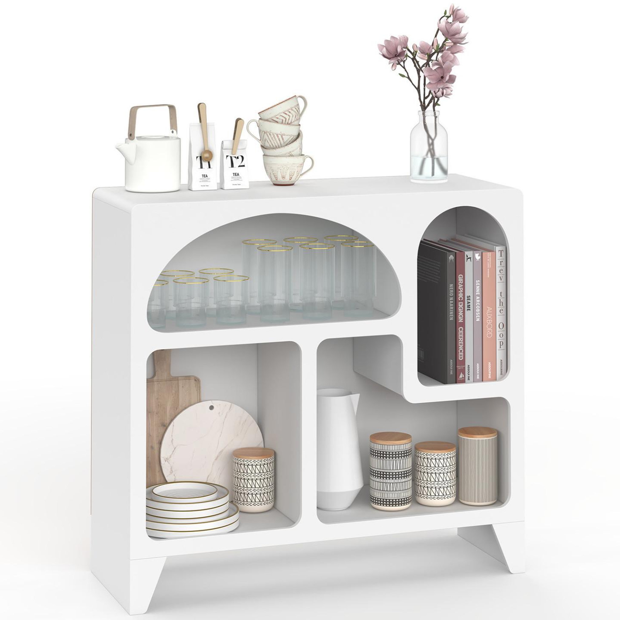 ID MARKET Buffet organique 80 cm alesia bois blanc meuble de rangement 4 niches