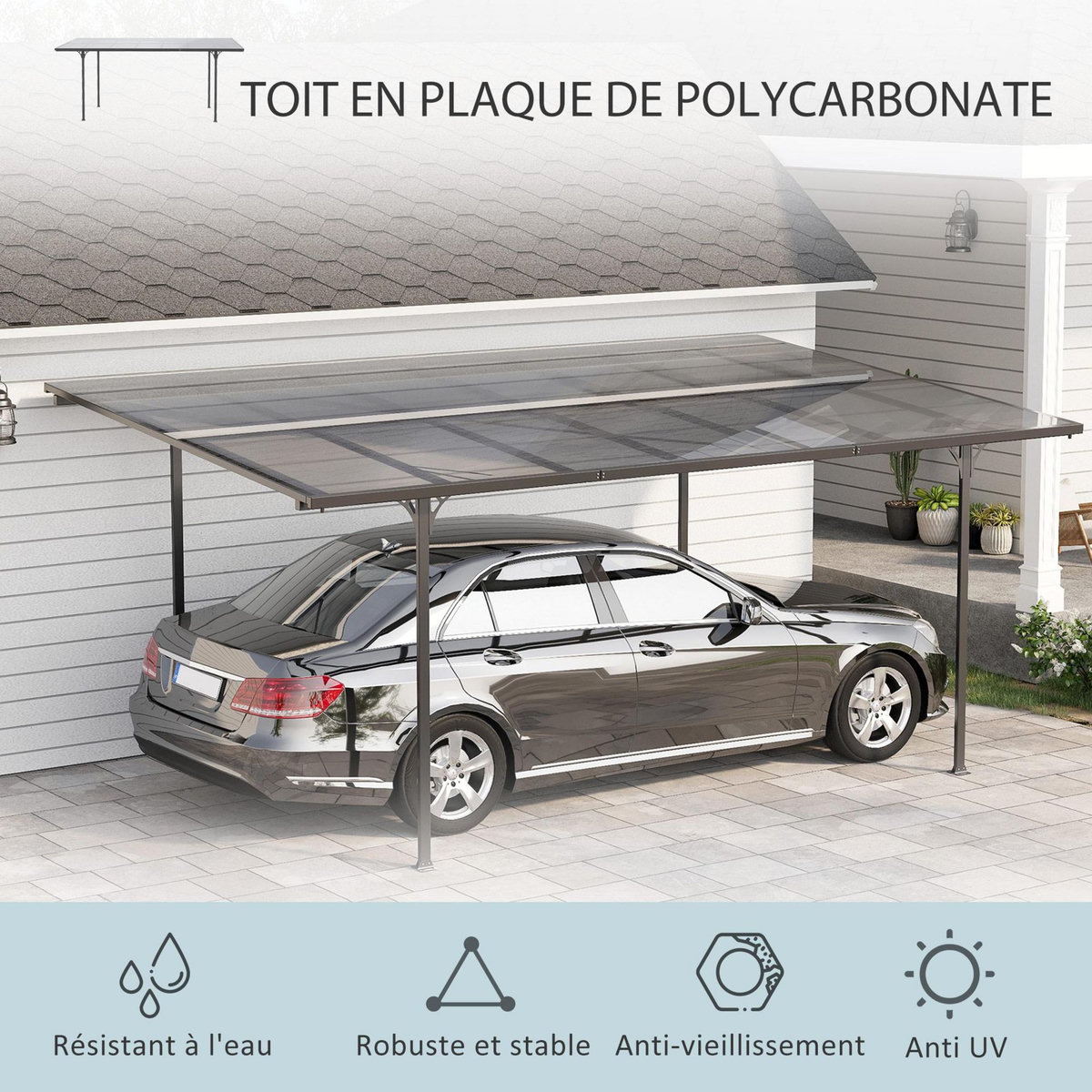 OUTSUNNY Pergola adossable rigide acier alu. toit polycarbonate dim. 5L x 2,99l x 2,23H m gris