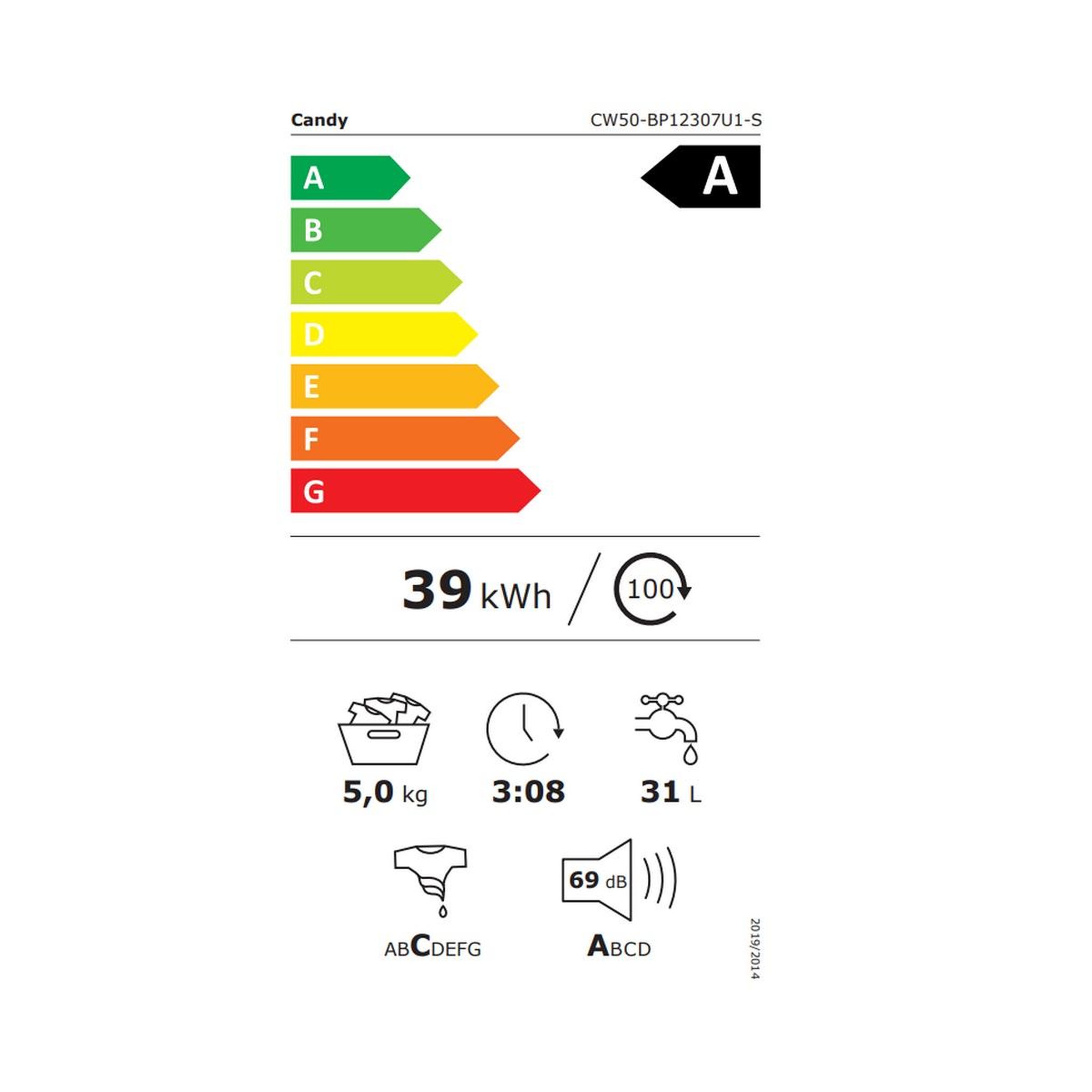 Voir la diapositive 2 : Candy Lave-linge frontal 5kg 1200tours/min blanc - cw50-bp12307u1-s