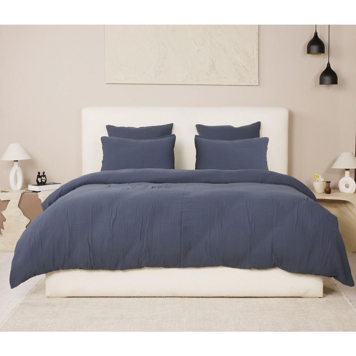 Les Ateliers du Linge Parure De Couette 3 Pcs 240x220 100% Gaze De Coton Lavé Bleu Pétrole