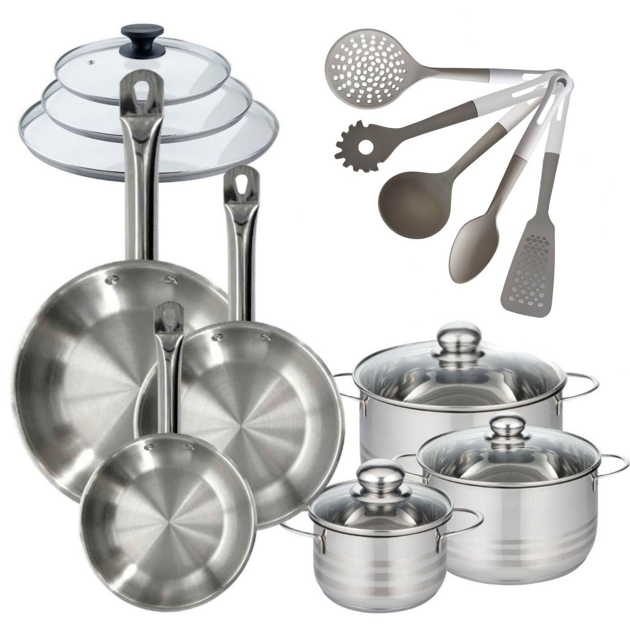 Fackelmann Batterie de cuisine avec 3 faitouts 16/20/24 cm et 3 poêles 20/24/28 cm avec 8 ustensiles de cuisine fackelmann etherna brillant vario avec couvercles