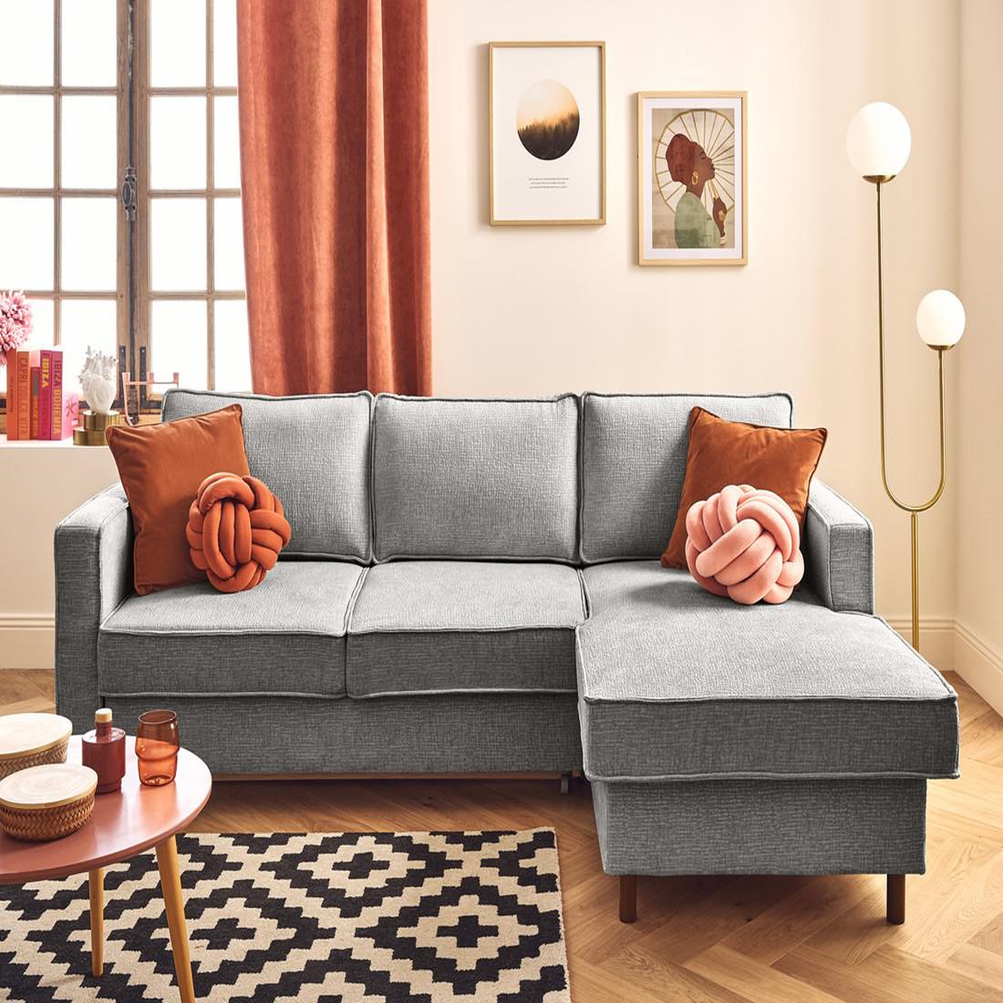 Voir la diapositive 1 : LISA DESIGN Jake - canapé d'angle droit 4 places convertible avec coffre en tissu velours relief