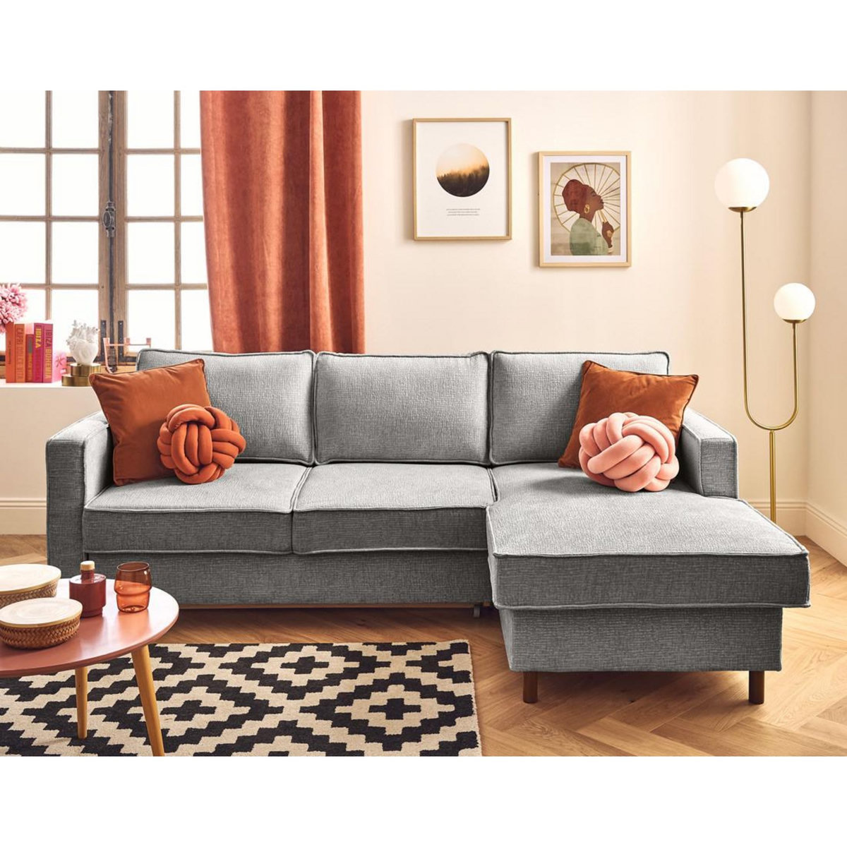 LISA DESIGN Jake - canapé d'angle droit 4 places convertible avec coffre en tissu velours relief