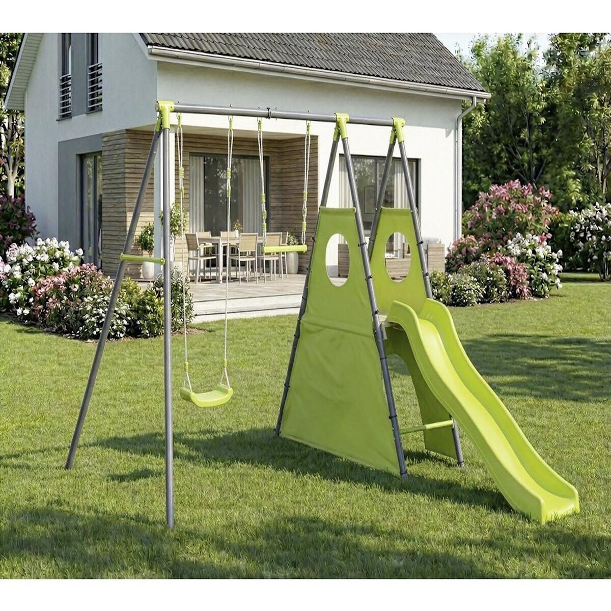 Habitat et Jardin Portique de jeu en métal avec toboggan  Kylian  - 4 agrès - Vert