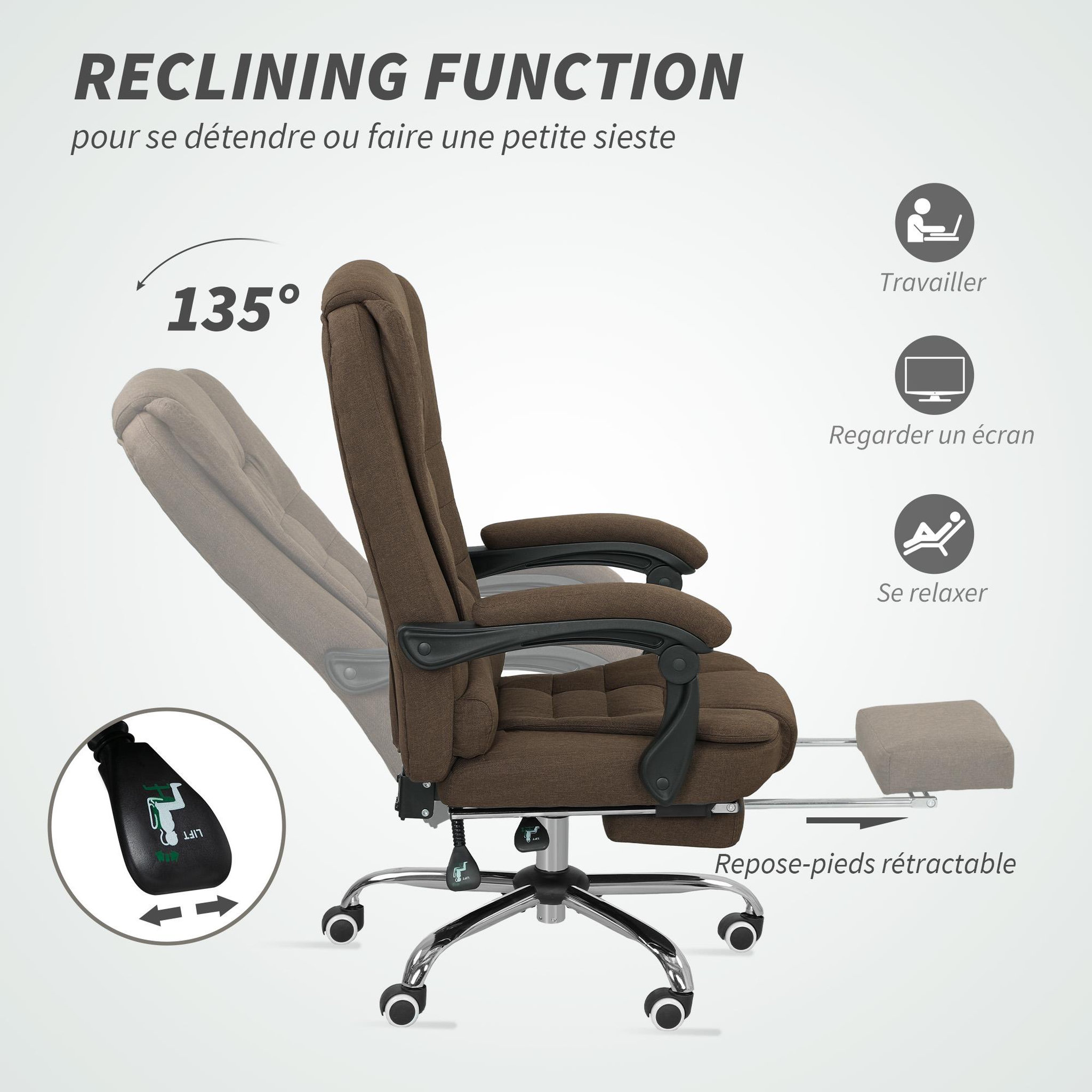 Voir la diapositive 4 : HOMCOM Fauteuil de bureau manager grand confort repose-pied dossier inclinable accoudoirs rembourrés lin beige