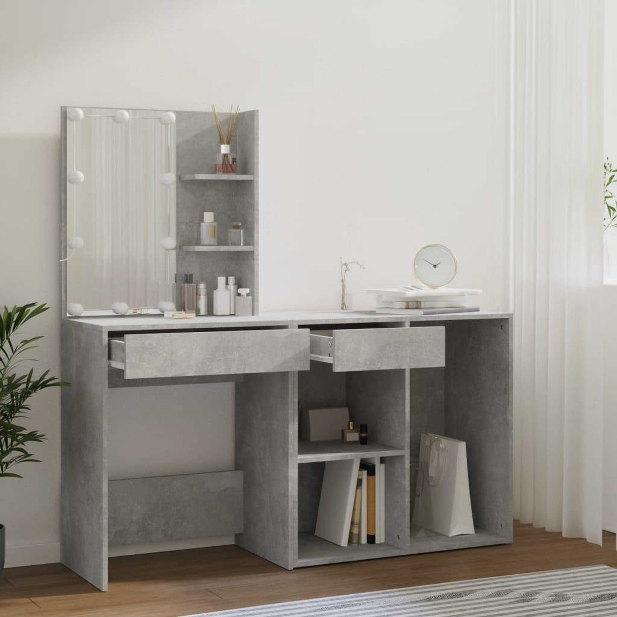 Voir la diapositive 5 : VIDAXL Coiffeuse a LED avec armoire Gris beton Bois d'ingenierie