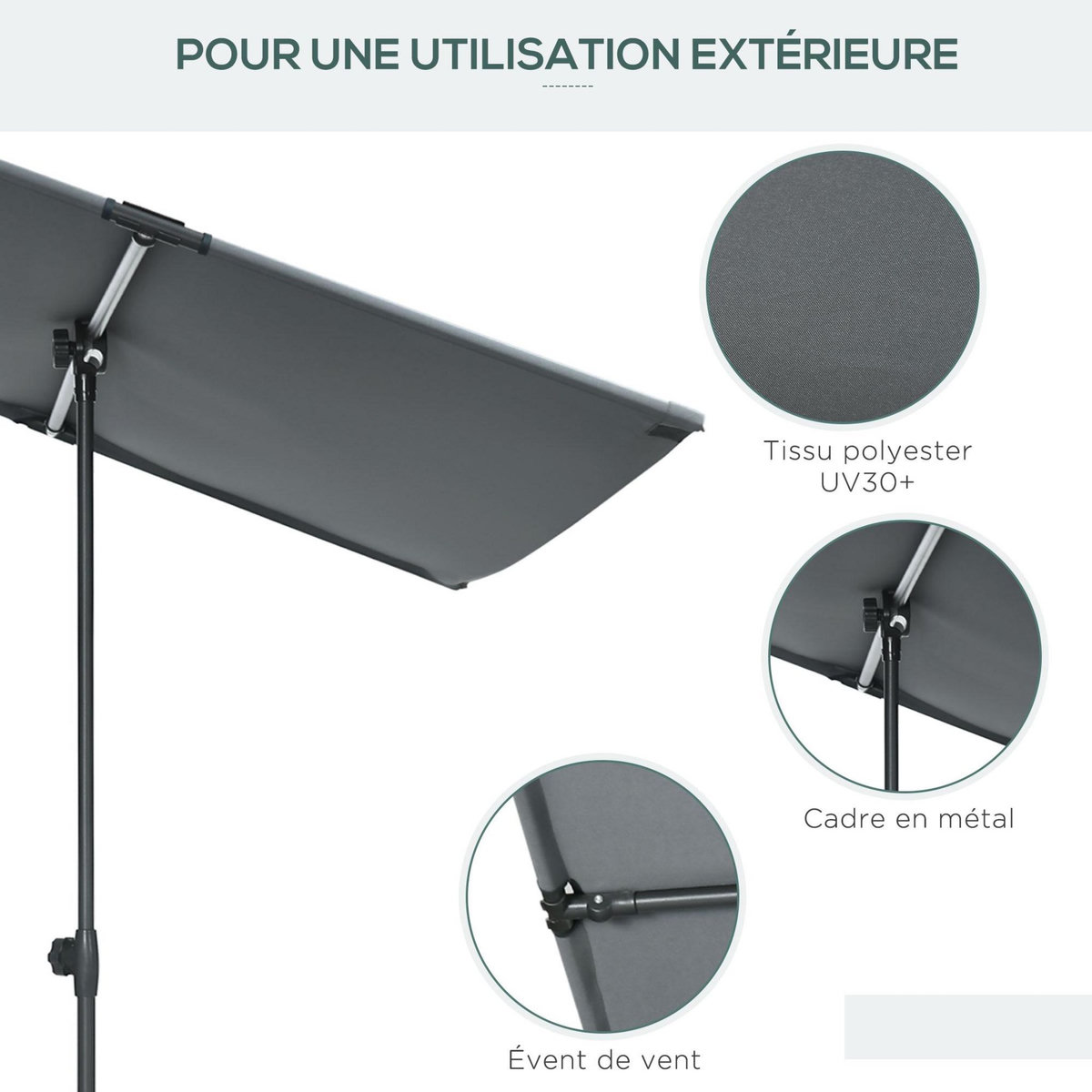 OUTSUNNY Parasol de jardin inclinable toile plate hauteur réglable dim. 180L x 130l x 115-205H cm métal époxy polyester anti-UV gris